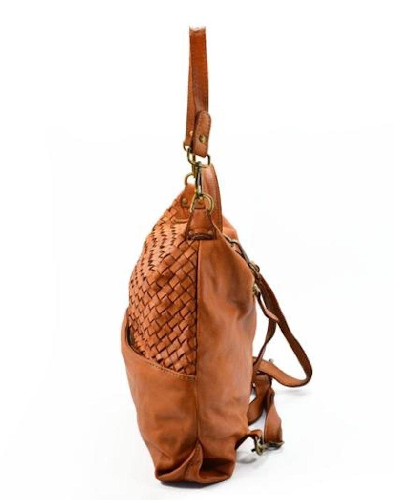Mona Cityrucksack Damenhandtasche, BZNA Ledertasche Backpacker Cognac Flechtmuster Designer