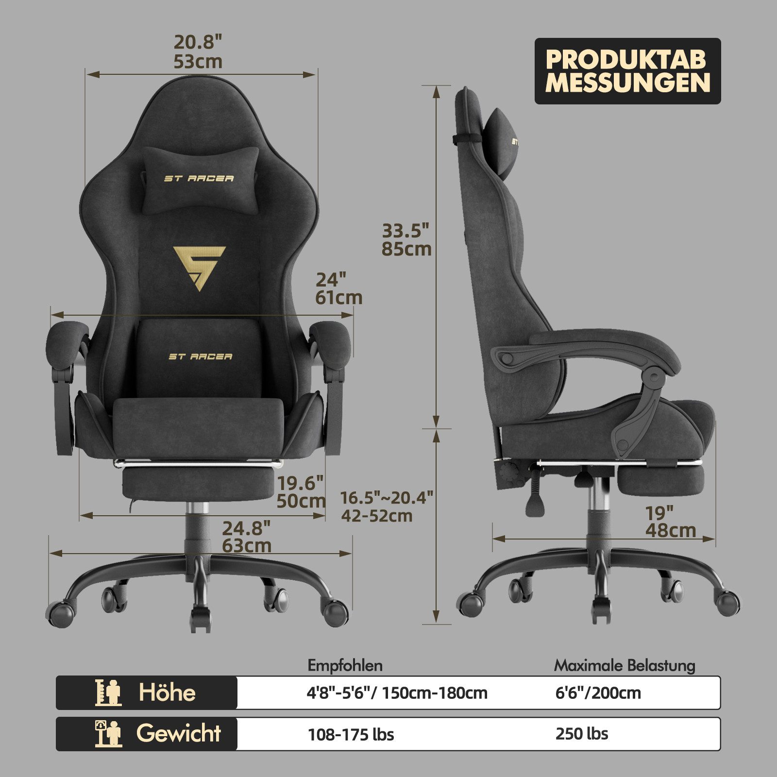 Ferghana Gaming-Stuhl Gaming-Stuhl: Kopfstütze, Lendenkissen, Armlehnen, Fußstütze (Packung), Ergonomischer PC-Stuhl,Rückenlehne 90°-125°