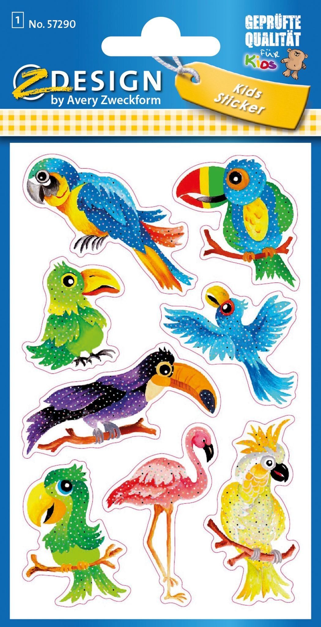Avery Zweckform Etiketten Glitter Stickers Vögel 8 Motive bunt 8 Stück