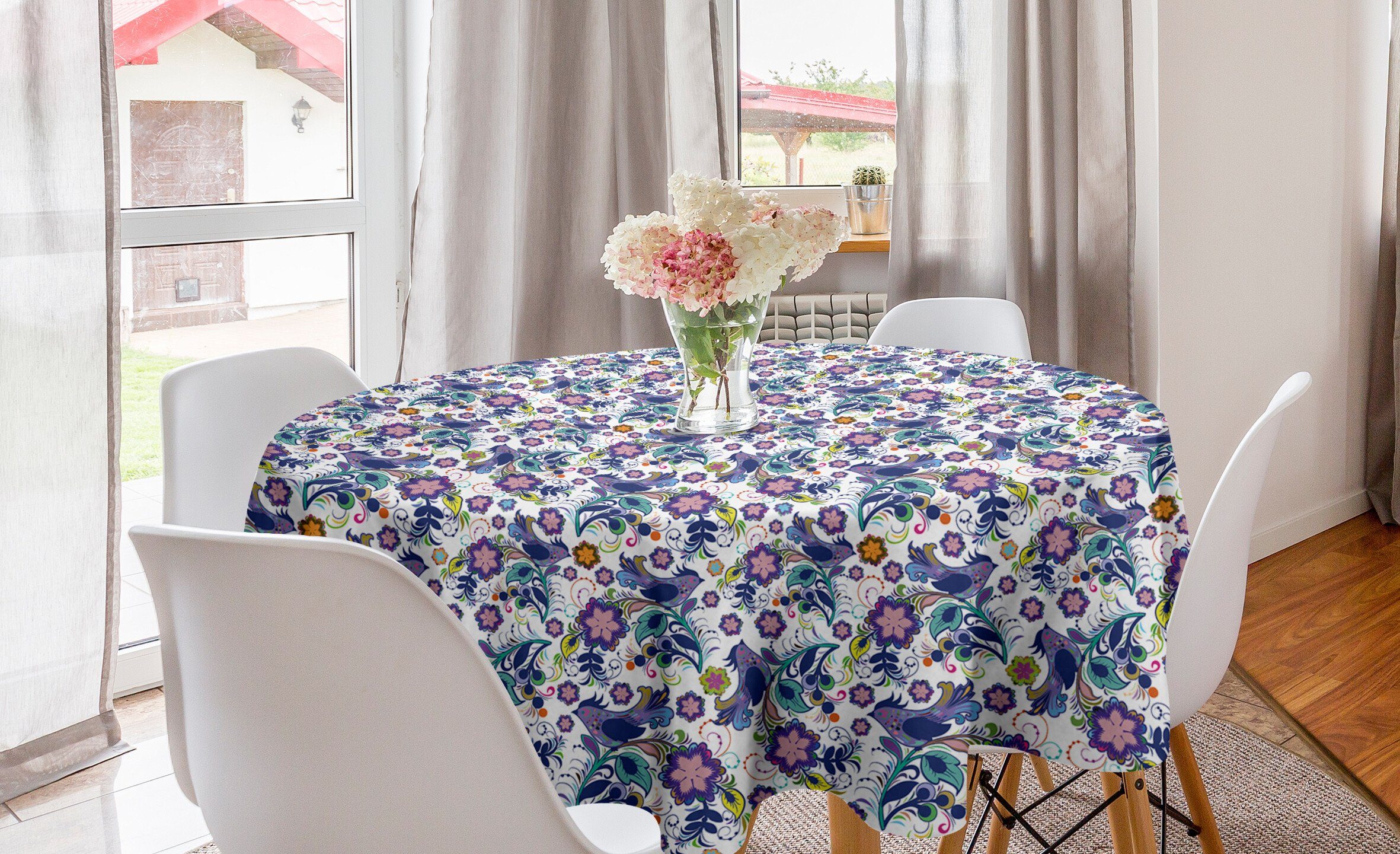 Abakuhaus Tischdecke Kreis Tischdecke Abdeckung für Esszimmer Küche Dekoration, Blumen Vogel und Blumen