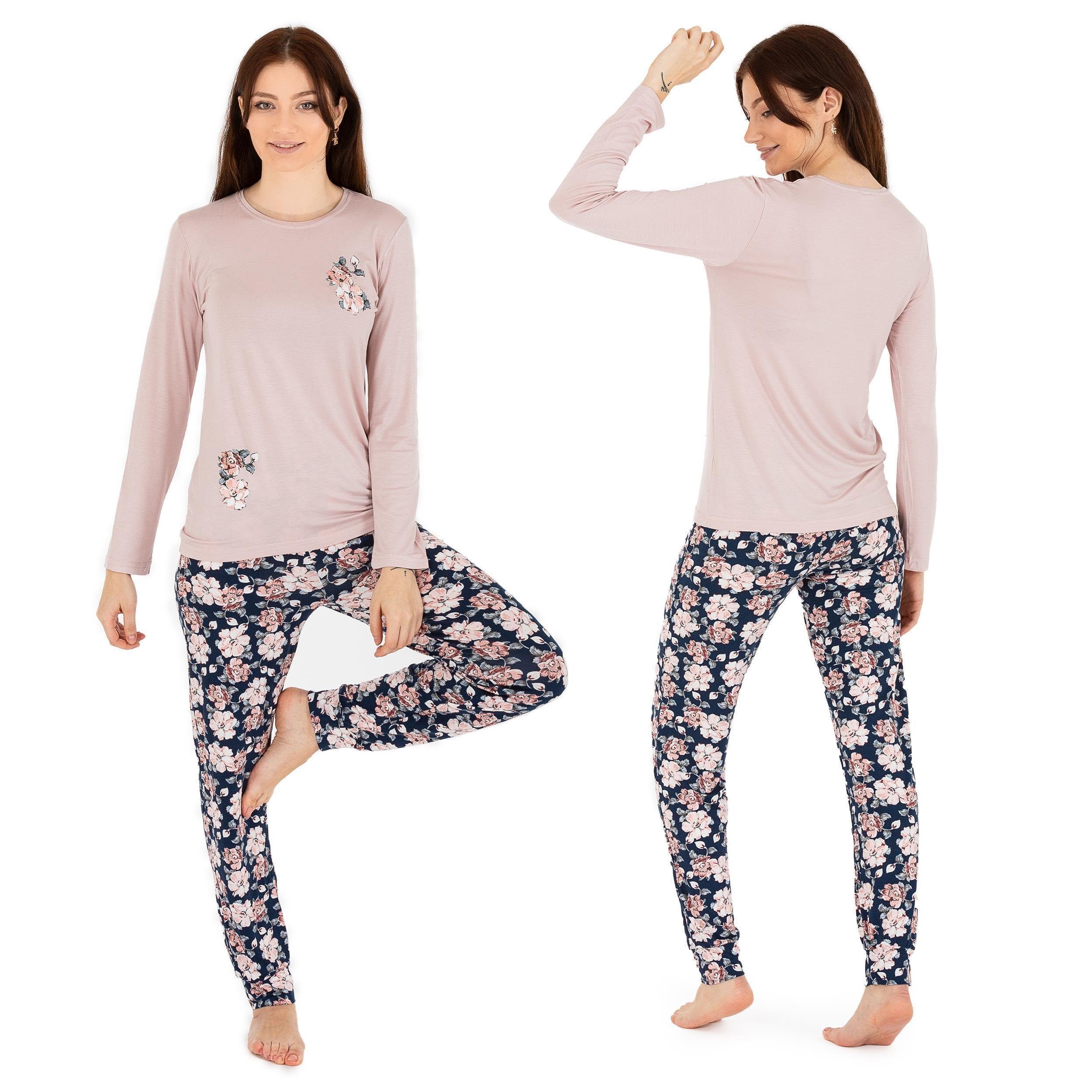 LOREZA Schlafanzug Damen Pyjama Viskose Blumen Schlafanzug Hausanzug langarm S-XL (Set, 2 tlg)