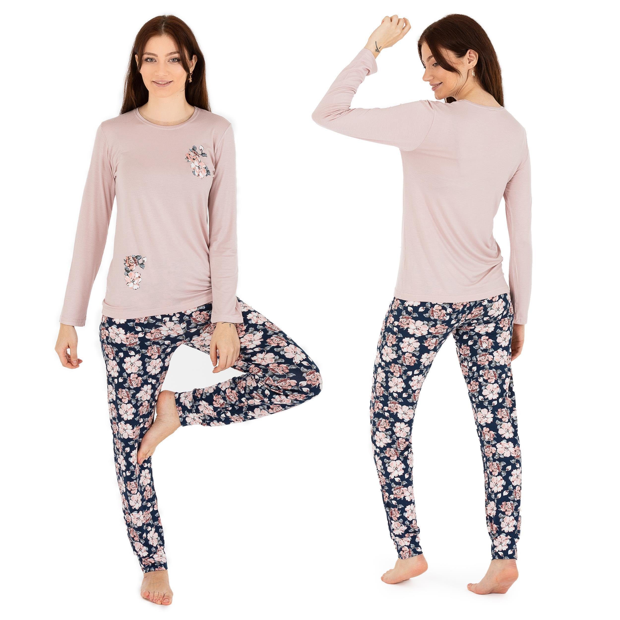 LOREZA Schlafanzug Schlafanzug Pyjama langarm- Blumen - Bunt (Set, 2 tlg)