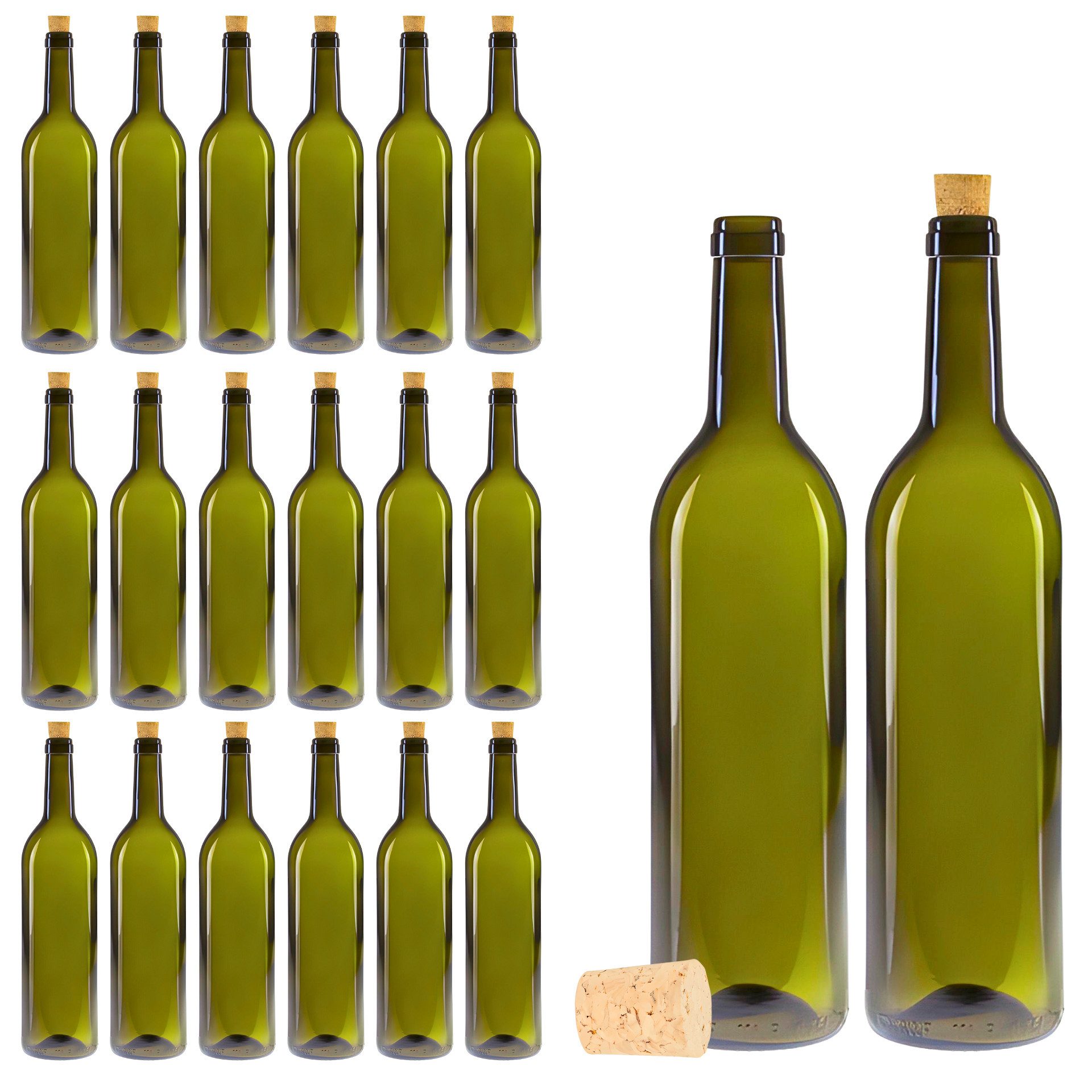 mikken Trinkflasche 20x Weinflasche 750 ml Glasflasche grün mit Korken, UV-Schutz
