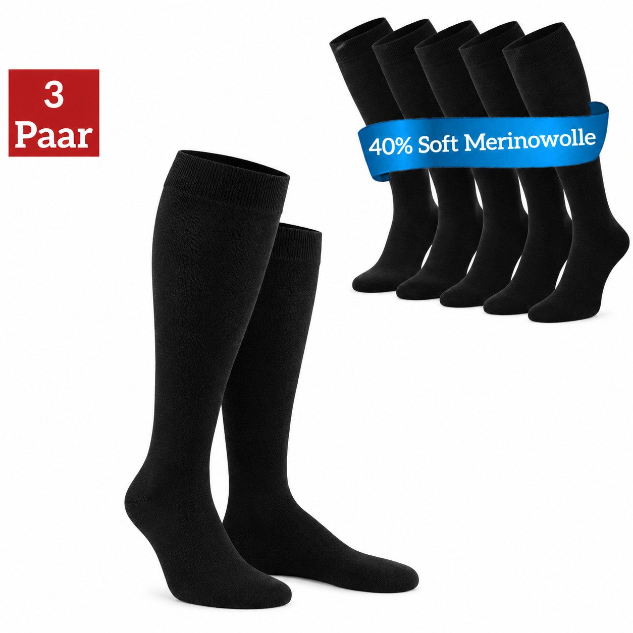 NERS Kniestrümpfe aus Merinowolle Damen & Herren mit Komfortbund, ohne drückende Naht (3-Paar, 3 & 6 Paar) Soft Merino, für warme Füße