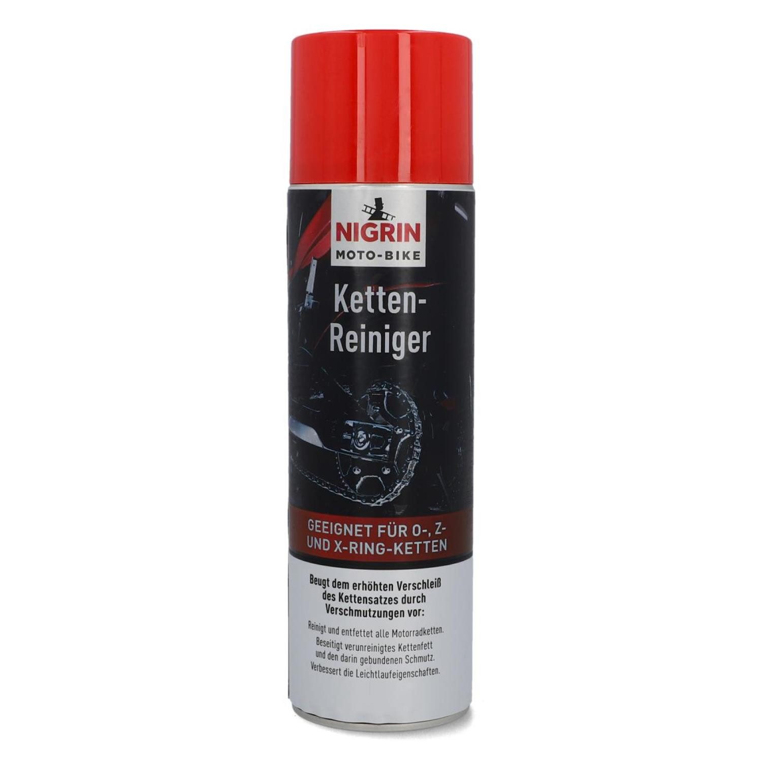 NIGRIN Moto-Bike Ketten-Reiniger Spray 500ml Motorrad Reinigungsspray (1-St. 1x Kettenreiniger-Spray 500ml Ring-Ketten Ketten-Reinigung Antriebsketten O, Z- und X-Ring Schutz)