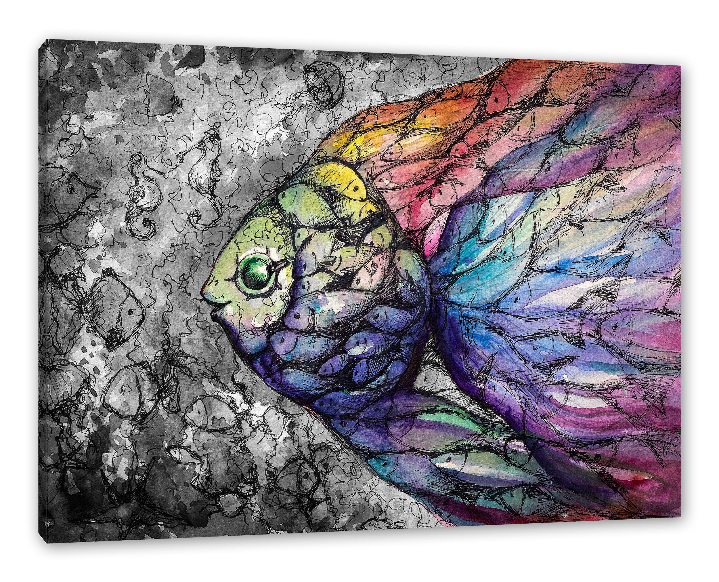 Fische, Leinwandbild fertig (1 St), Fische Pixxprint gezeichnete bespannt, Zackenaufhänger inkl. schön Leinwandbild schön gezeichnete