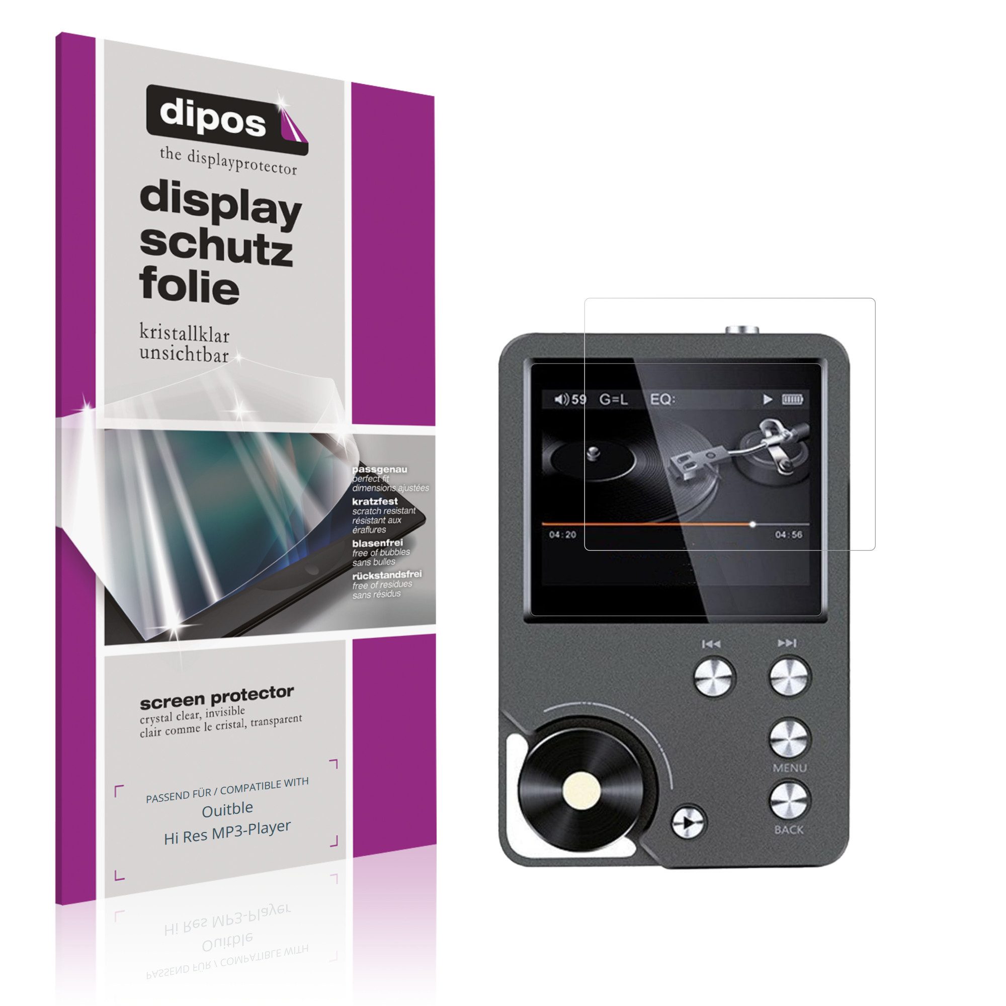 dipos Displayschutzfolie Schutzfolie für Ouitble Hi Res MP3-Player, 4 Stück, Displayschutz Schutz Folie Made in Germany