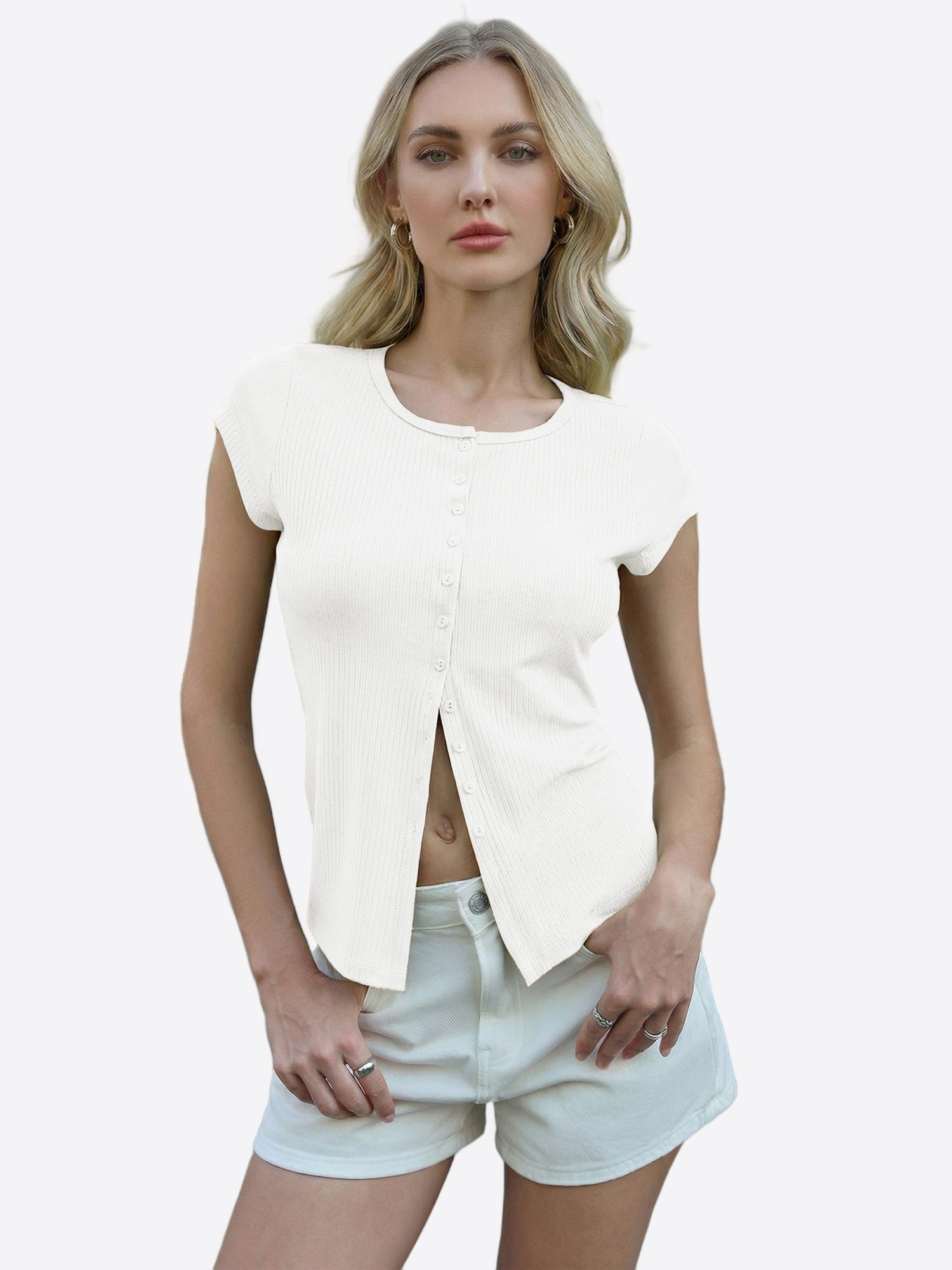 Imily Bela Strickjacke Damen enganliegende Strickbluse mit Knopfleiste (Packung, 1-tlg., 1per-Pack) in Unifarbe