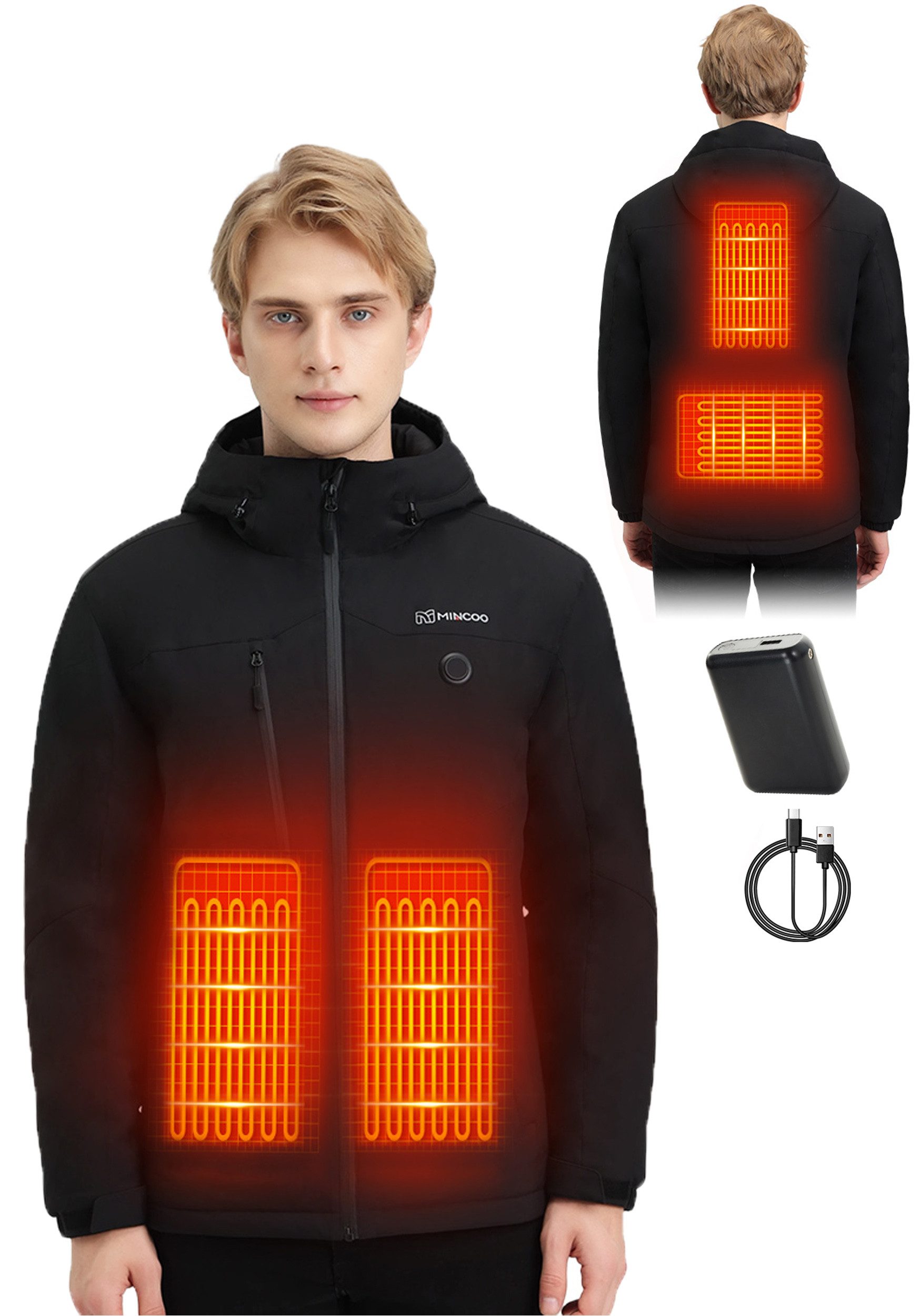 Mincoo Funktionsjacke Beheizbare Jacke für Herren mit 18400mAh Powerbank 3 Temperaturstufen Warme winterjacke Heizjacke mit kapuze Elektrischer warme steppjacke
