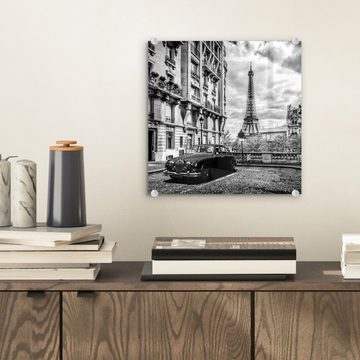 MuchoWow Acrylglasbild Quadratisches Foto des Eiffelturms in Paris - schwarz-weiß, (1 St), Glasbilder - Bilder auf Glas Wandbild - Foto auf Glas - Wanddekoration