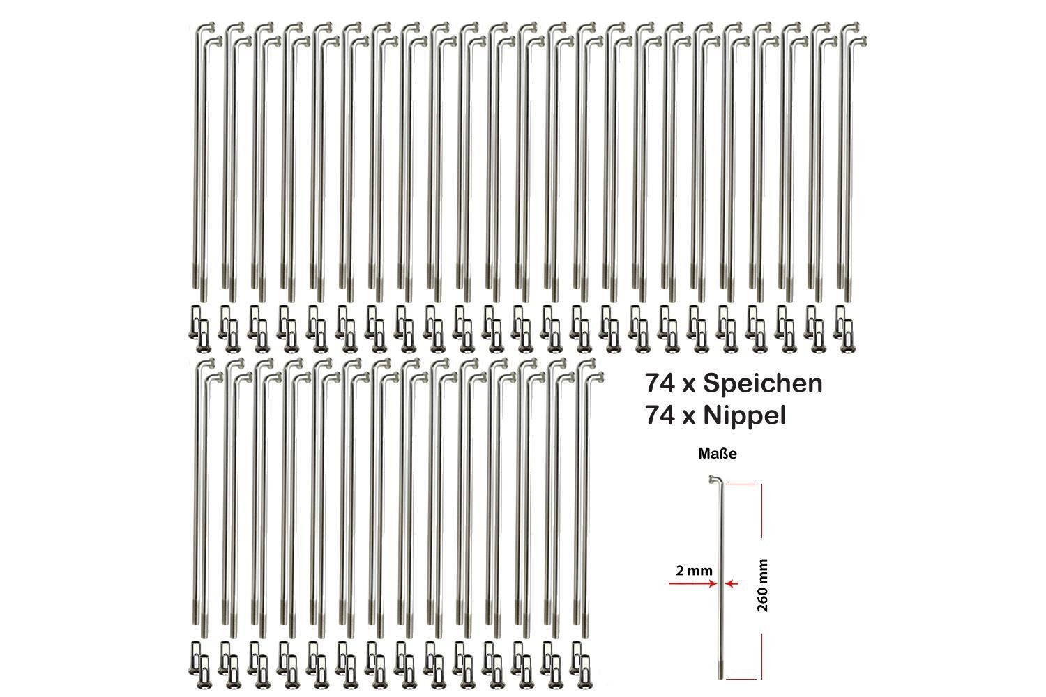 Fahrrad-Laufrad 74 Stück Speichen 260mm VERZINKT 2mm inkl. Messing Speichennippel