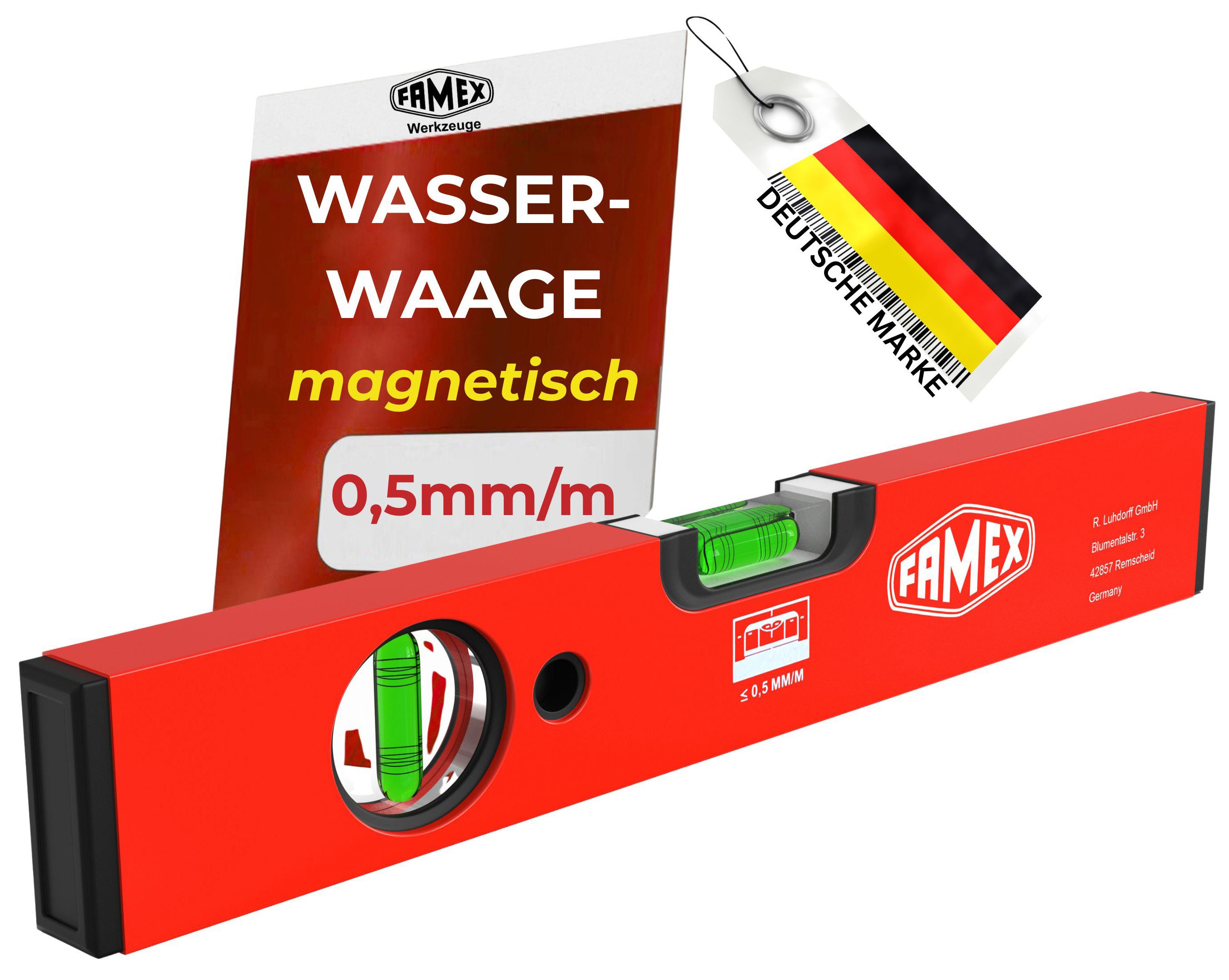 FAMEX Wasserwaage 12786 Magnetwasserwaage PRO, (aus Leichtmetall, 0,5mm / m), magnetisch, 30cm, 2 Libellen