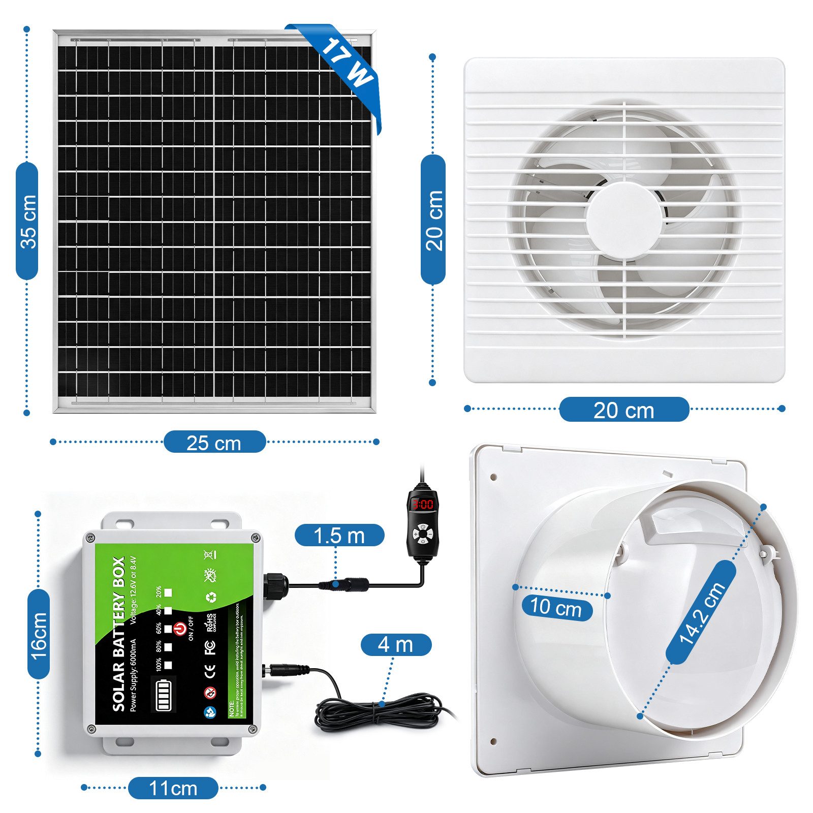 XIIW Wandventilator 8000mAh Solar Ventilator 150mm Abluftventilator Solarlüfter Fan 17W, mit Solarpanel Timer Akkuanzeige Einstellbare Lüftungsstufen