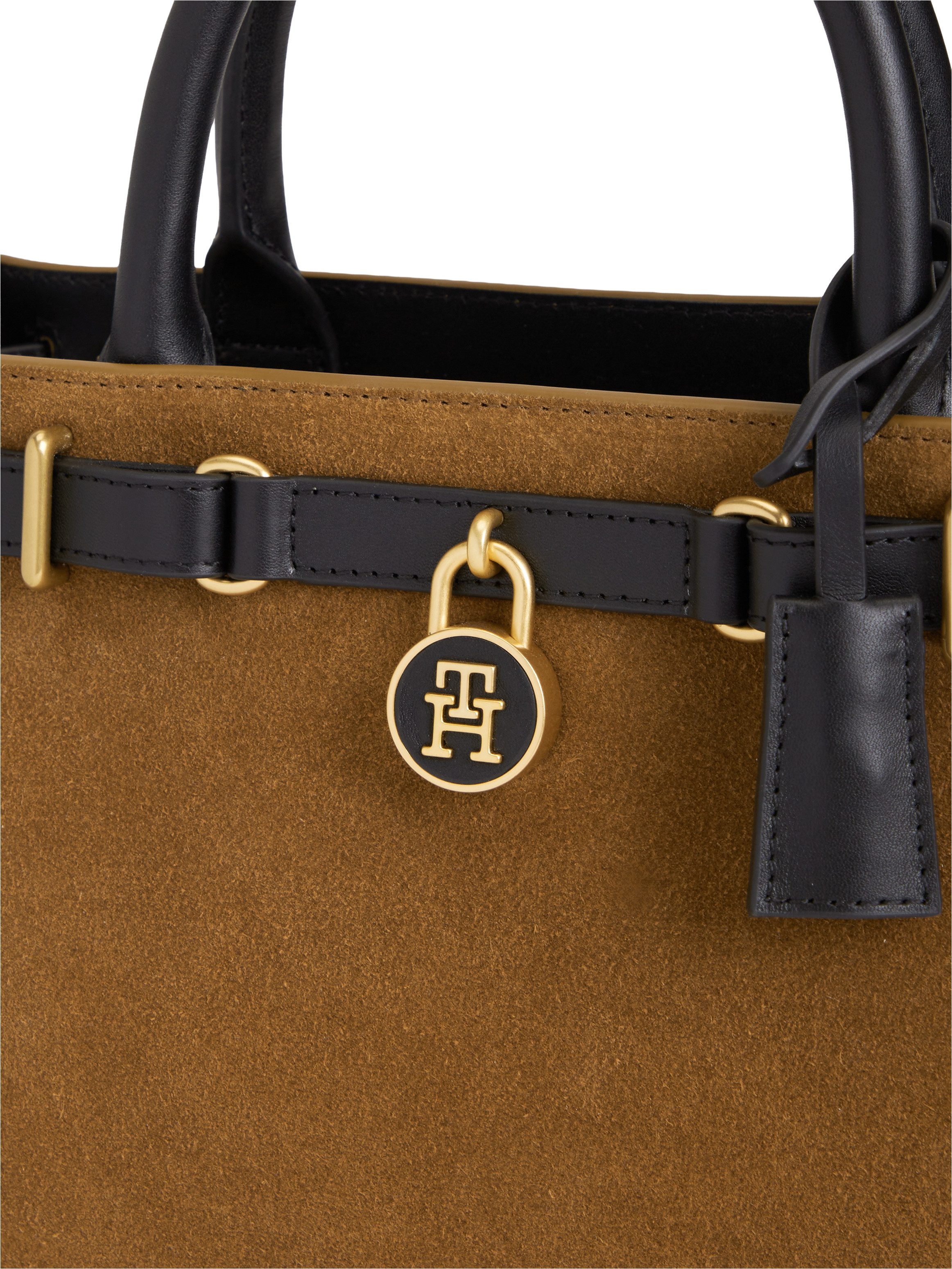 Tommy Hilfiger Handtasche AMERICAN ICON MINI TOTE SUEDE LE, Damen Schultertasche, Umhängetasche mit TH-Schloss-Schmuckanhgänger – Bild 4 von 5