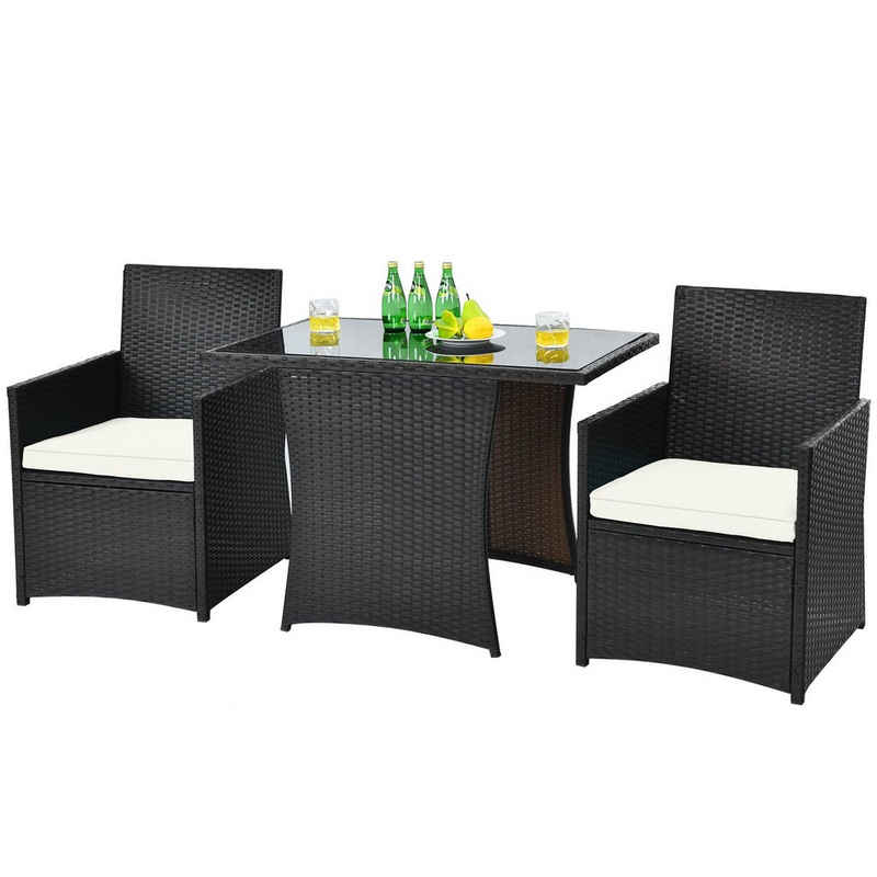 COSTWAY Balkonset, 3 teilig, Rattan, 2 Personen, mit Sitzkissen, platzsparend