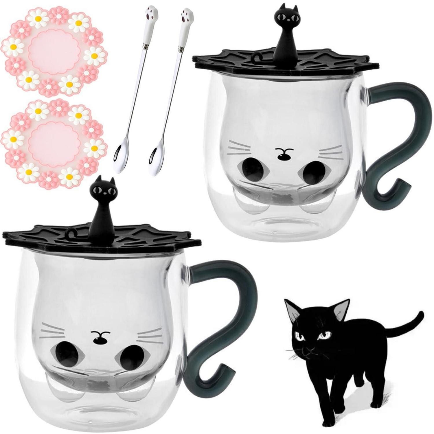 LuxusKollektion Gläser-Set Katzen Tasse Glas Doppelwandig Schwarz 2er Set mit Löffel, Glas