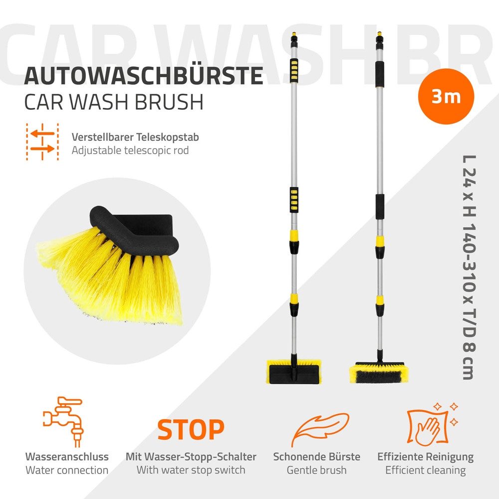 ECD Germany Autowaschbürste Bürste mit Aluminium Teleskop Verlängerungstab Auto Reinigungsbürste, Waschbürste mit Wasserzulauf und An/Aus Schalter PKW LKW SUV W – Bild 2 von 5