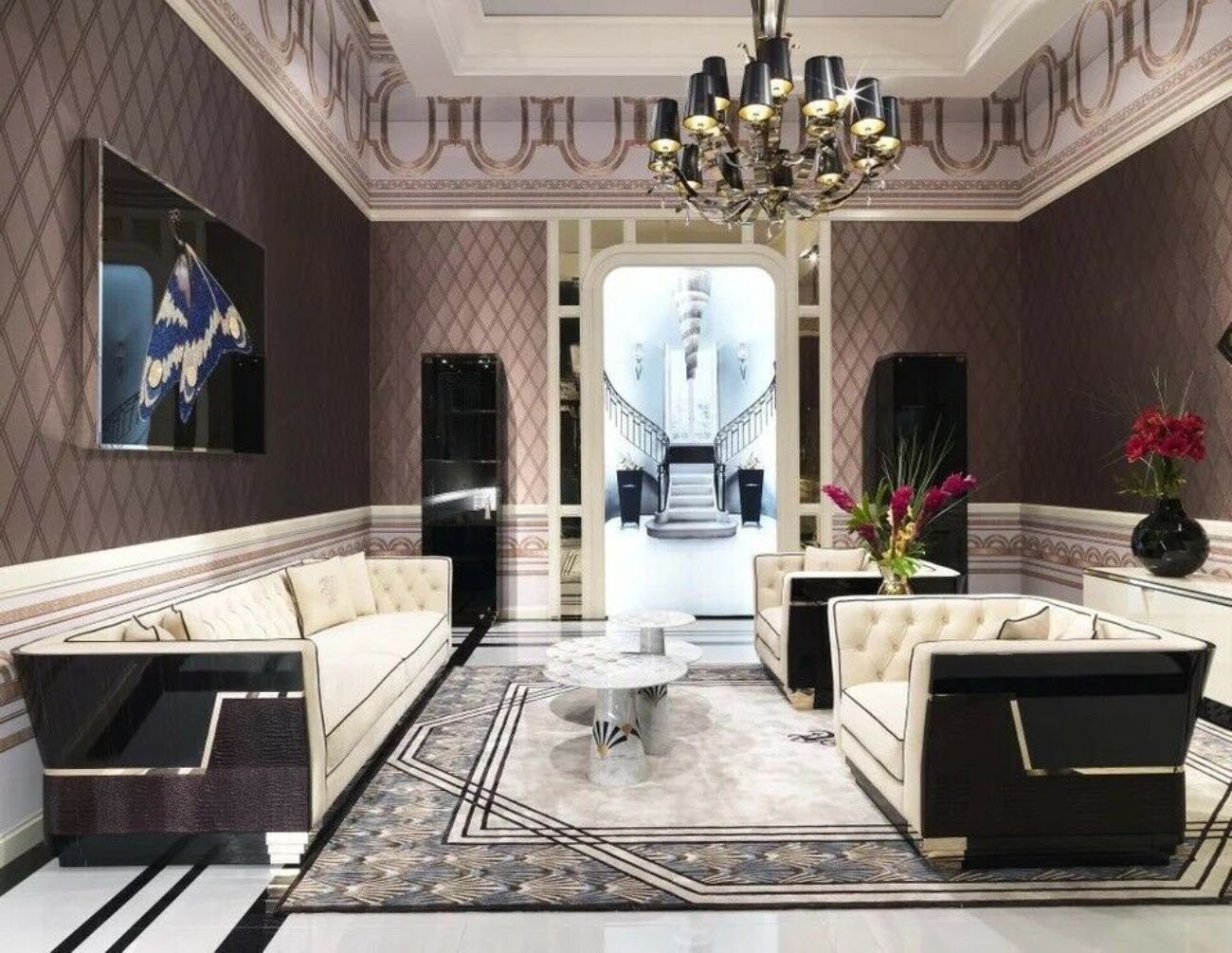 JVmoebel Wohnzimmer-Set, Luxus Designer Garnitur 3+2+1 Sitz Couch Leder Textil Holz Sofa Set Weiß