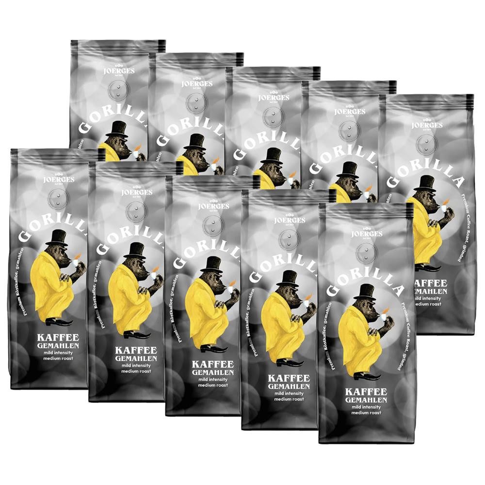 Gorilla Kaffee Joerges Kaffee gemahlen mild Kaffeepulver, 10 x 500 g, milder & ausgewogener Geschmack mit sanfter Säure