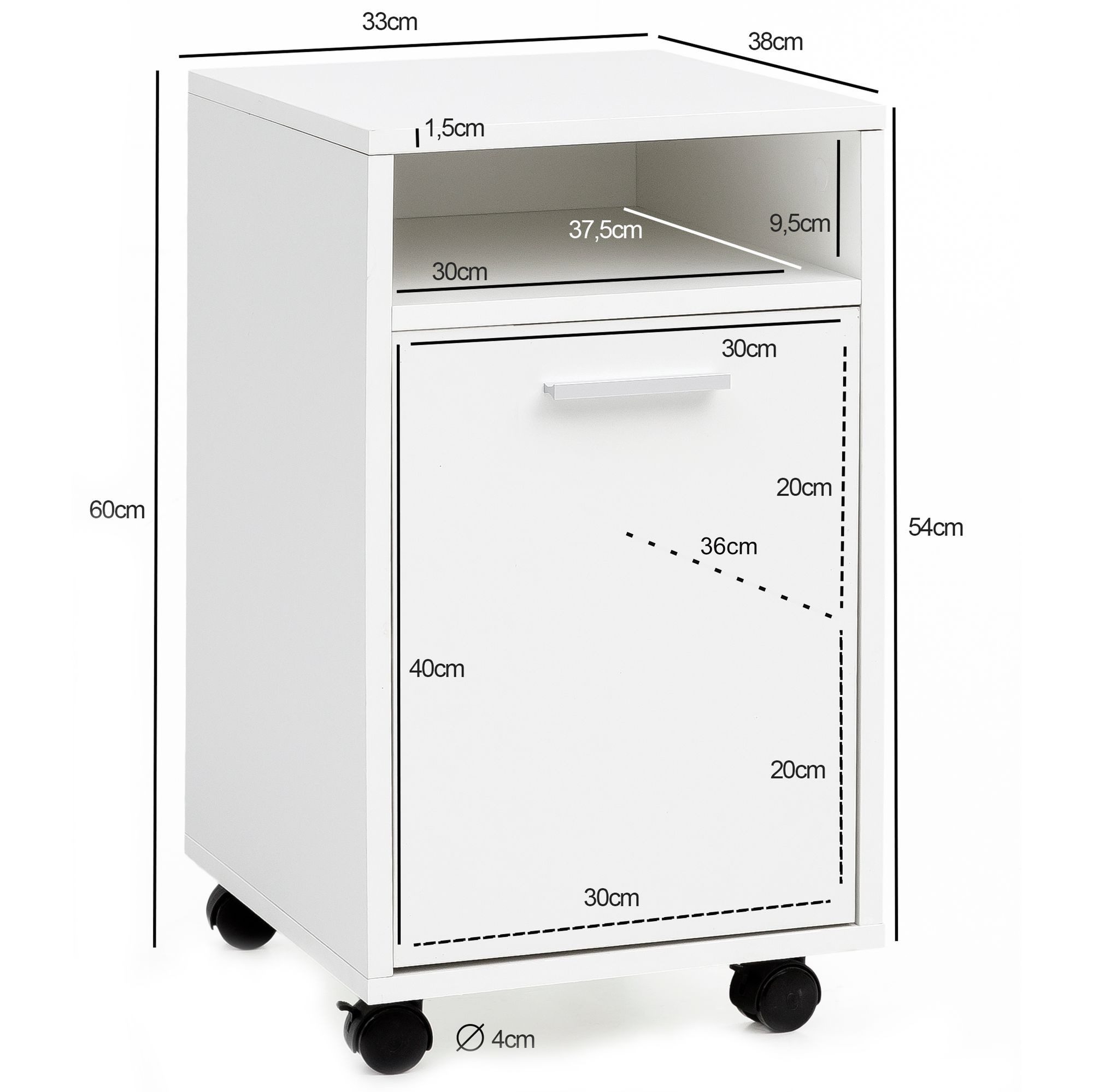 FINEBUY Rollcontainer SV51848 Schreibtischcontainer 33x60x38 Bürocontainer SuVa16397_1, (Bürocontainer Weiß 33x60x38, Beistellcontainer), Moderner Schreibtischcontainer mit Rollen und Tür