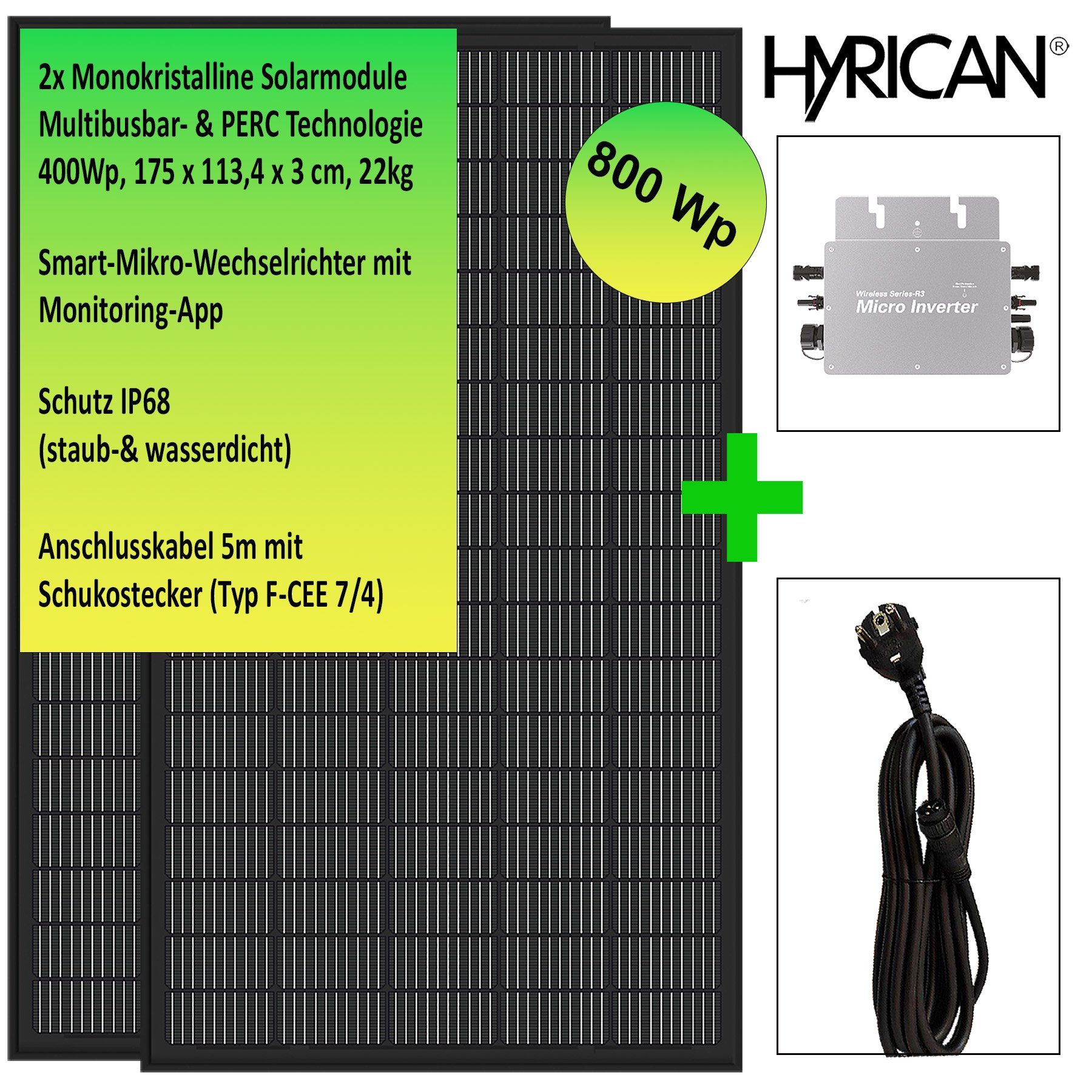 Hyrican Solaranlage Balkonkraftwerk WVC800, 800Watt 2x Solarpanel 400W, (PERC-Hocheffizienz Solarzellen, Multibusbar-Technologie), steckerfertig für Ihr Haus, Plug & Play