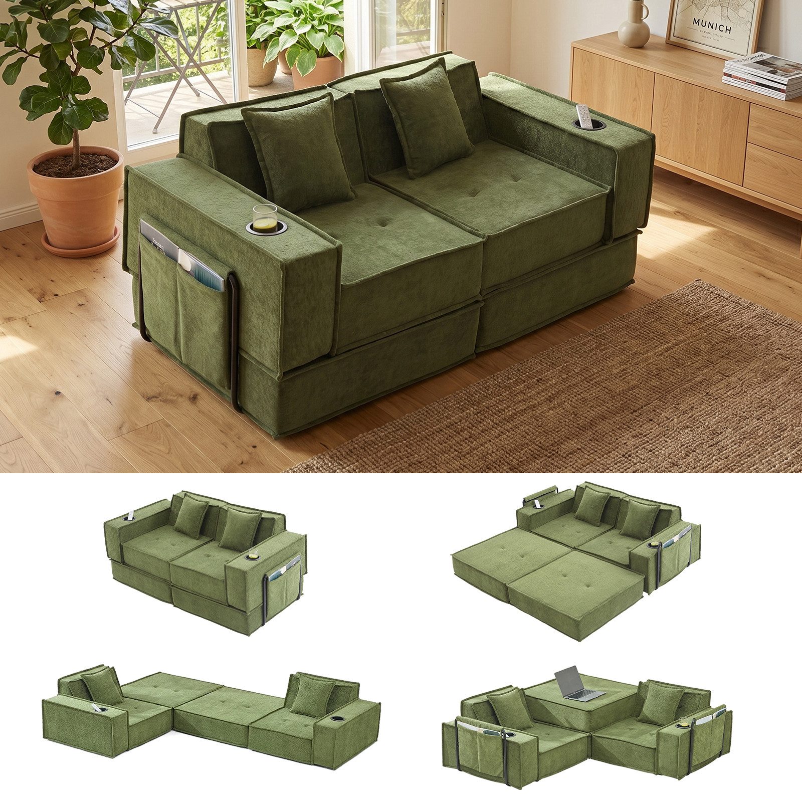 GLP Sofa Modulares Bodensofa 2-Sitzer, Set 5, faltbares Cord-Schlafsofa mit Liegefläche 162x156 cm