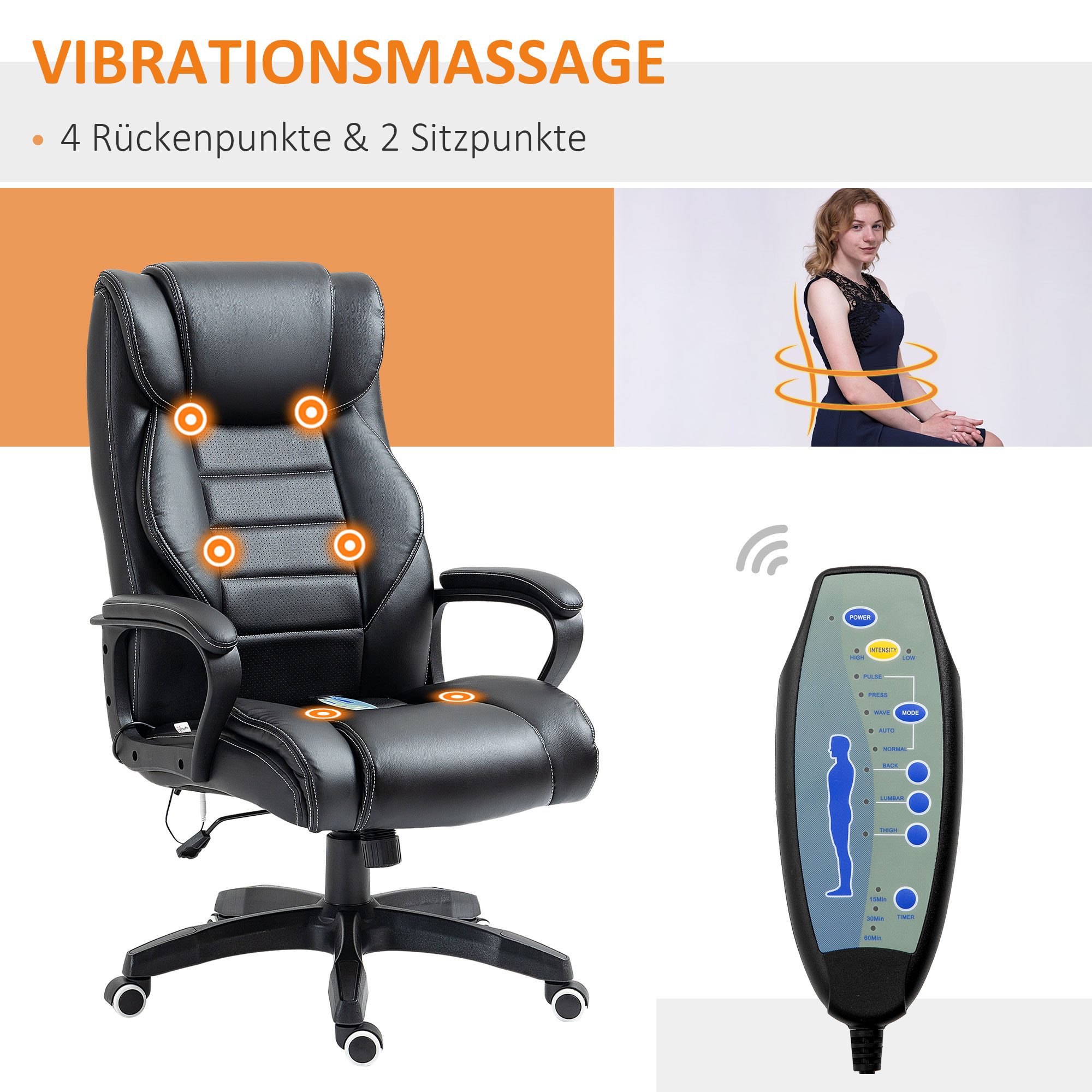 Vinsetto Schreibtischstuhl Ergonomischer Chefsessel, Wippfunktion, Drehstuhl, schwarz (Bürostuhl, 1 St), für Büro, Wohnzimmer, Schwarz – Bild 4 von 5