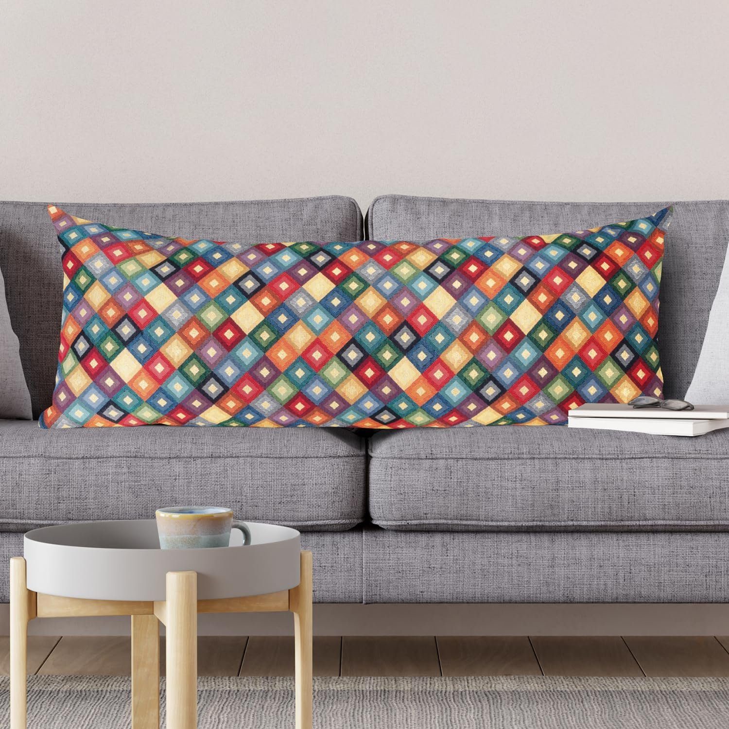 Selfitex Dekokissen Twin -Doppel-Sofakissen extra lang mit Füllung und Bezug, 35x90 cm, farbenfrohes Couchkissen, Mediterraner Gobelin-Polster-Webstoff Genova