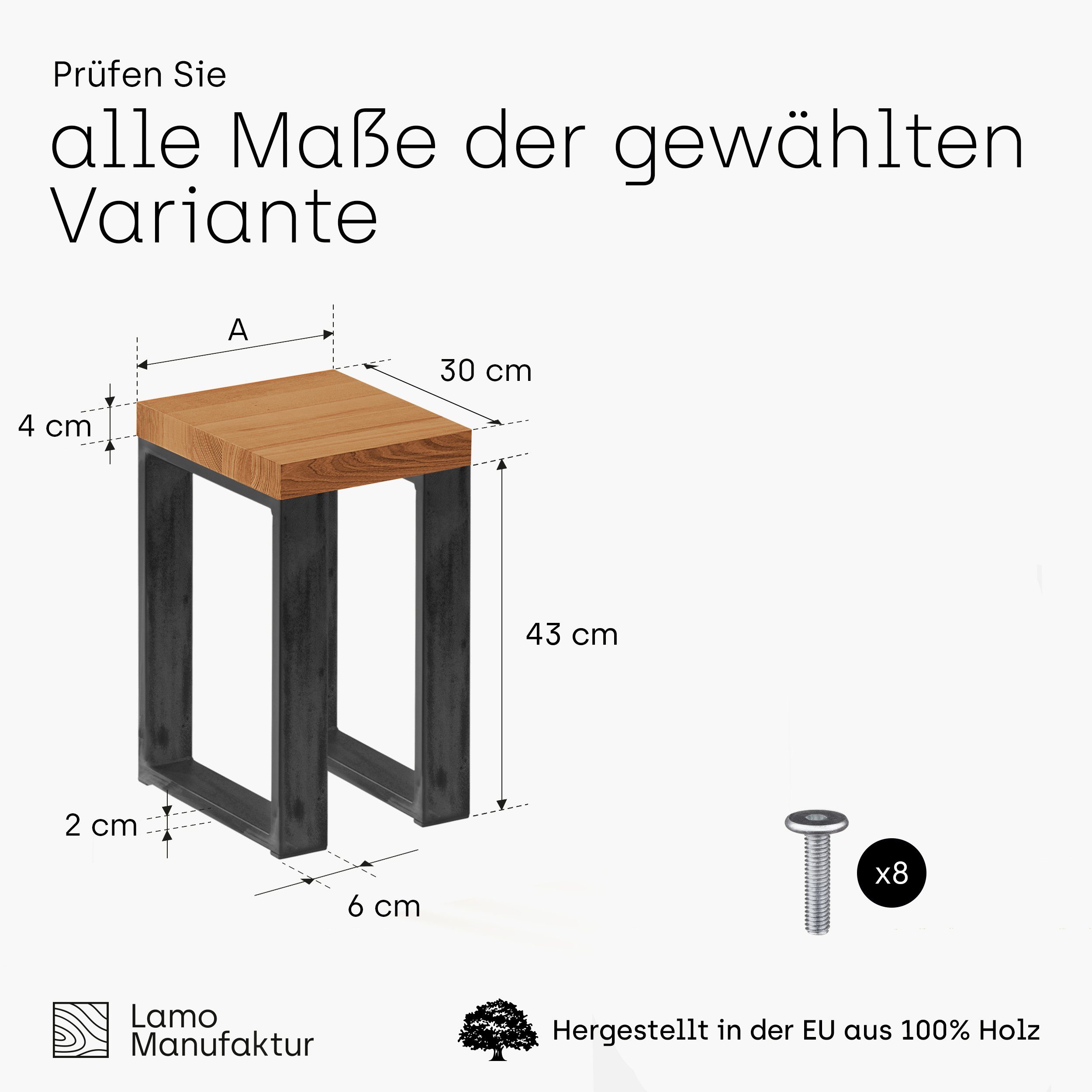 LAMO Manufaktur Essbank LSB Sitzbank (Komplett-Set, mit stake | Massivholzplatte 3-Teilig), Rustikal Rohstahl Klarlack 40mm