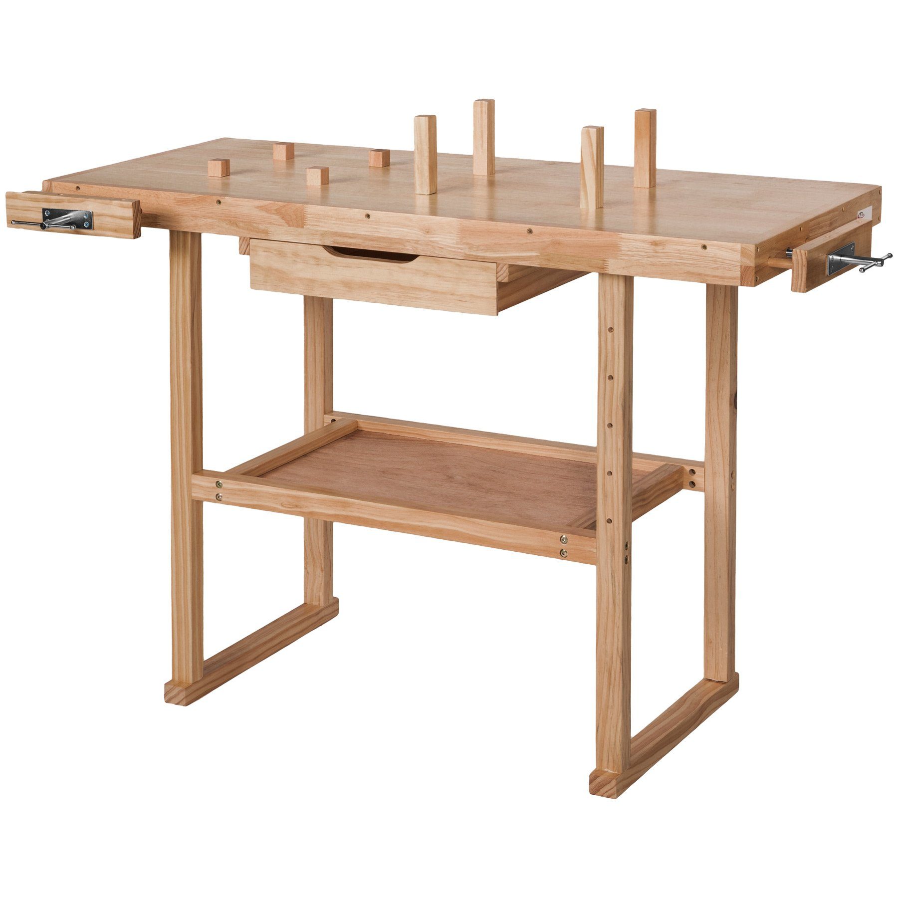 tectake Werkbank Holzwerkbank mit 2 Schraubstöcken, 117 x 47,5 x 83 cm, (Hobelbank), geräumige Schublade, 4 Stirnhölzer und 4 Bankhaken, untere Ablage