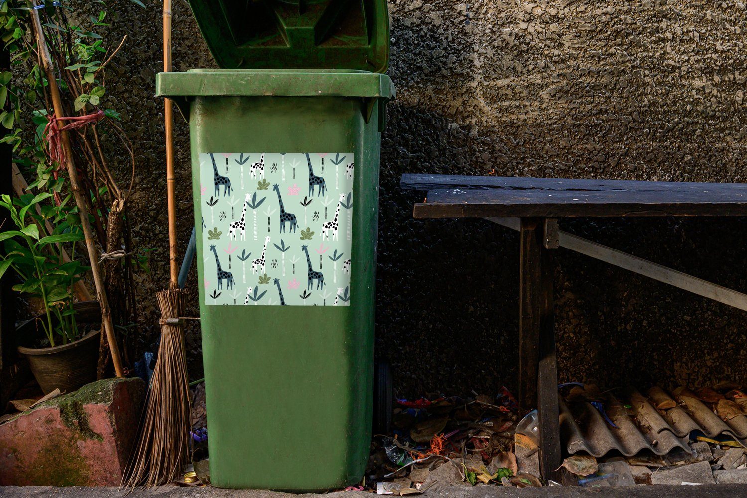 - Mülleimer-aufkleber, St), Mülltonne, Abfalbehälter (1 MuchoWow Dschungel Giraffe Wandsticker - Sticker, Container, Palme