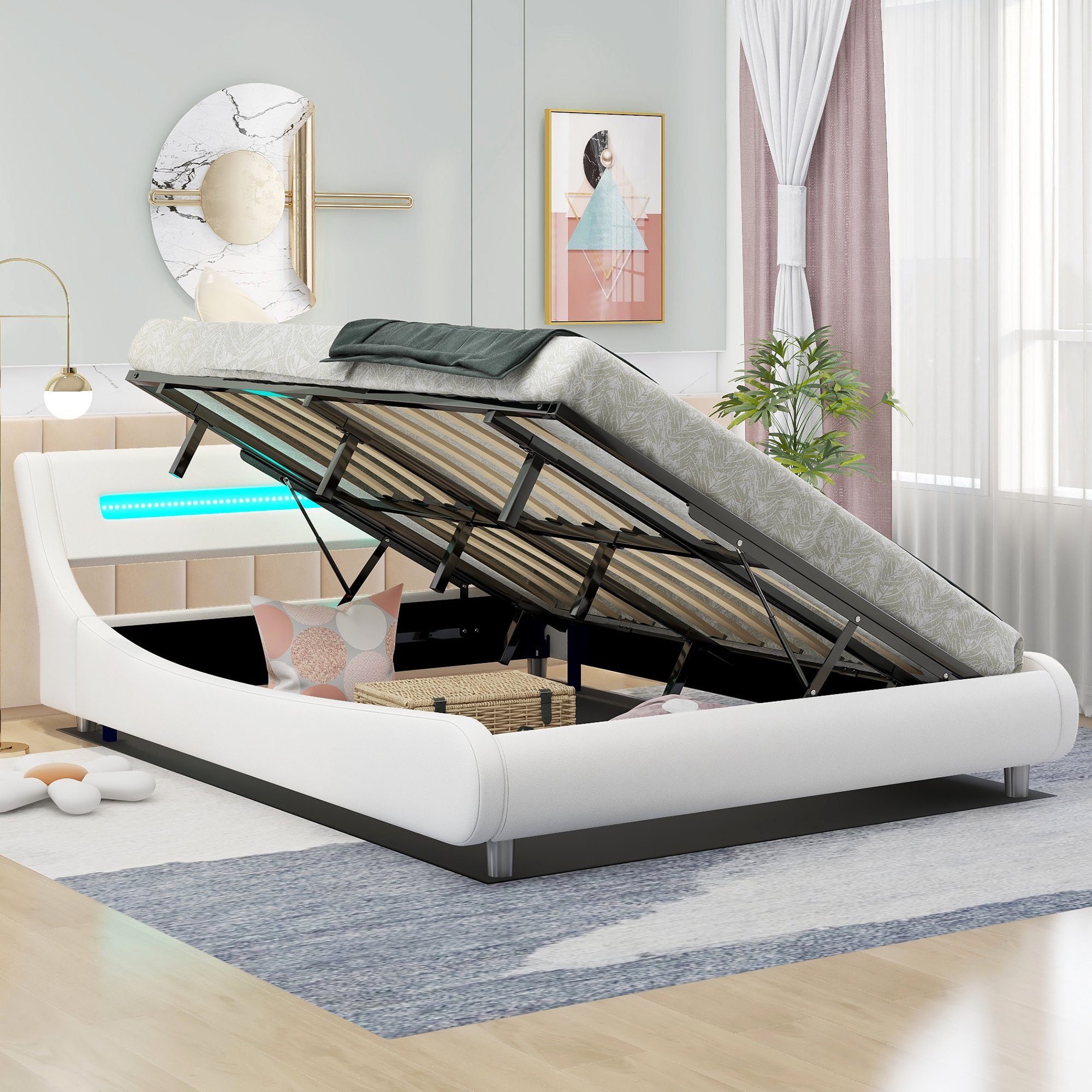 SOFTWEARY Polsterbett Doppelbett mit Lattenrost und Bettkasten (160x200  cm), gepolsterter Kopfteil mit LED-Beleuchtung, Bezug aus Kunstleder