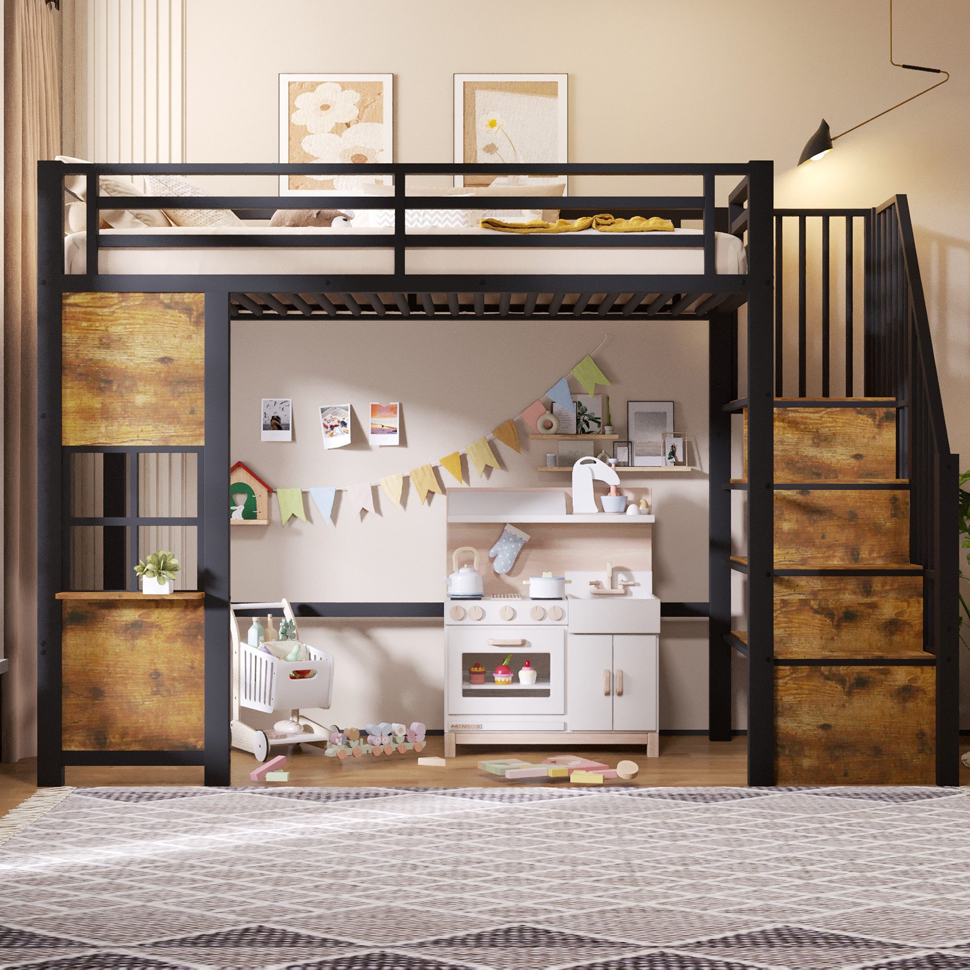 BlingBin Hochbett 90/140x200 cm Kinderbett Jugendbett mit Treppe, Stauraum, Metall (3 Packung, 1-St., mit Ablageleiter und Schutzgeländer,Lattenrost) offener Stauraum unter dem Bett,Ohne Matratze