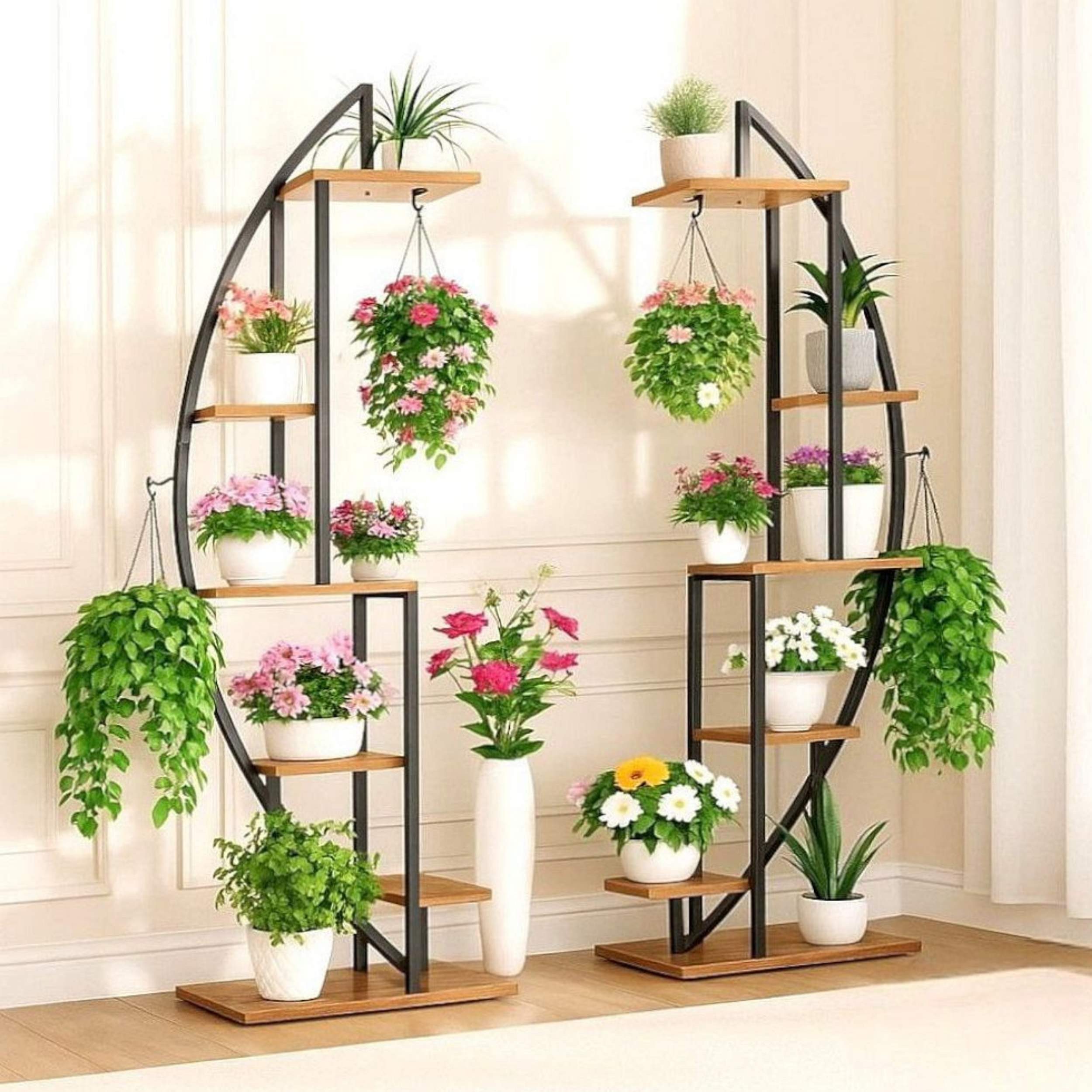 DanDiBo Blumenständer Blumenregal indoor 160 cm Hoch Metall Schwarz Rund Blumentreppe, Groß Halbrund Pflanzenständer Modern Design