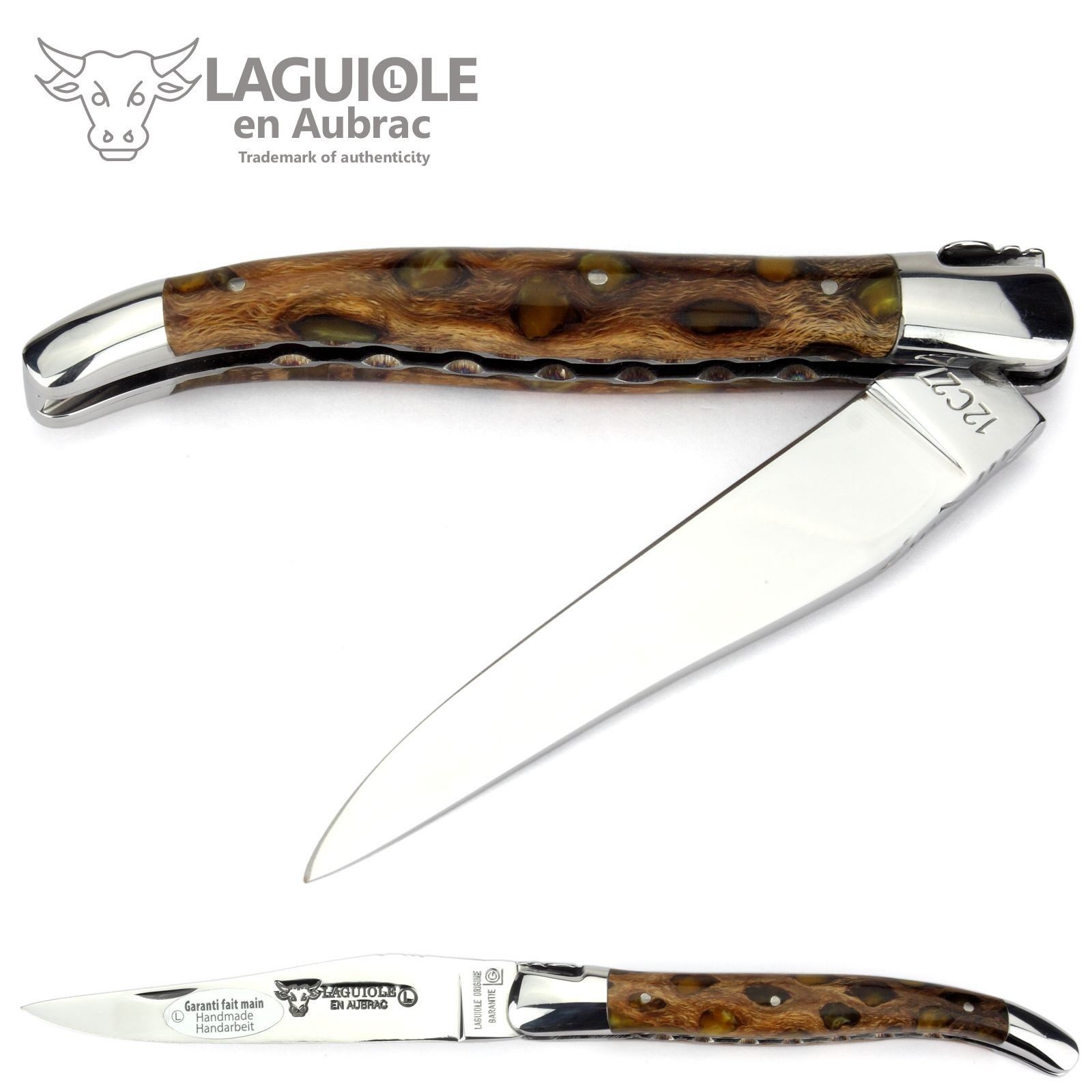 Laguiole en Aubrac Taschenmesser L0212CA1H/FSJ1, Griff 12cm Cholla Kaktus - Feder und Platine verziert - Stahl glänzend