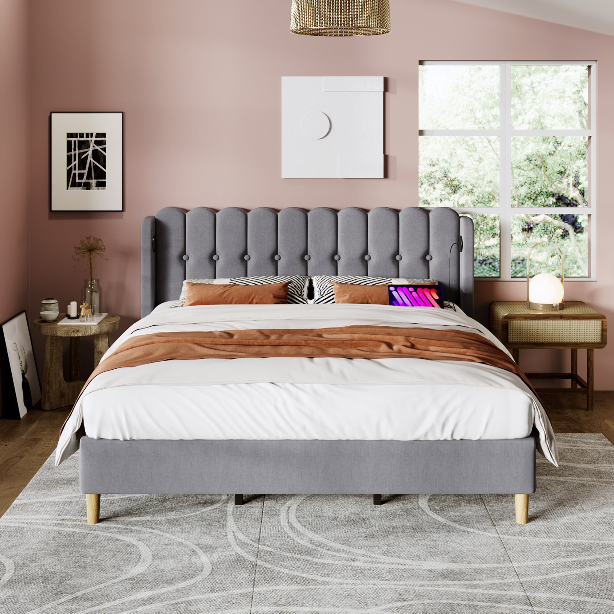 Flieks Polsterbett, Holzbett Doppelbett mit USB/Typ-C Ladeanschlüsse 180x20 günstig online kaufen