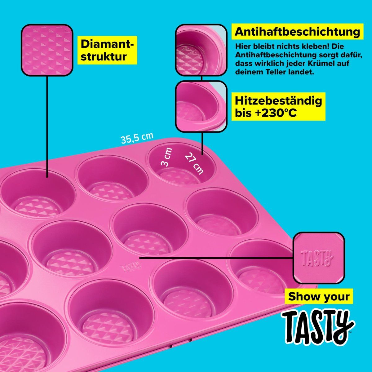 Tasty Muffinform 12er Set, Pinke Backform mit Diamantstruktur für Muffins & Cupcakes