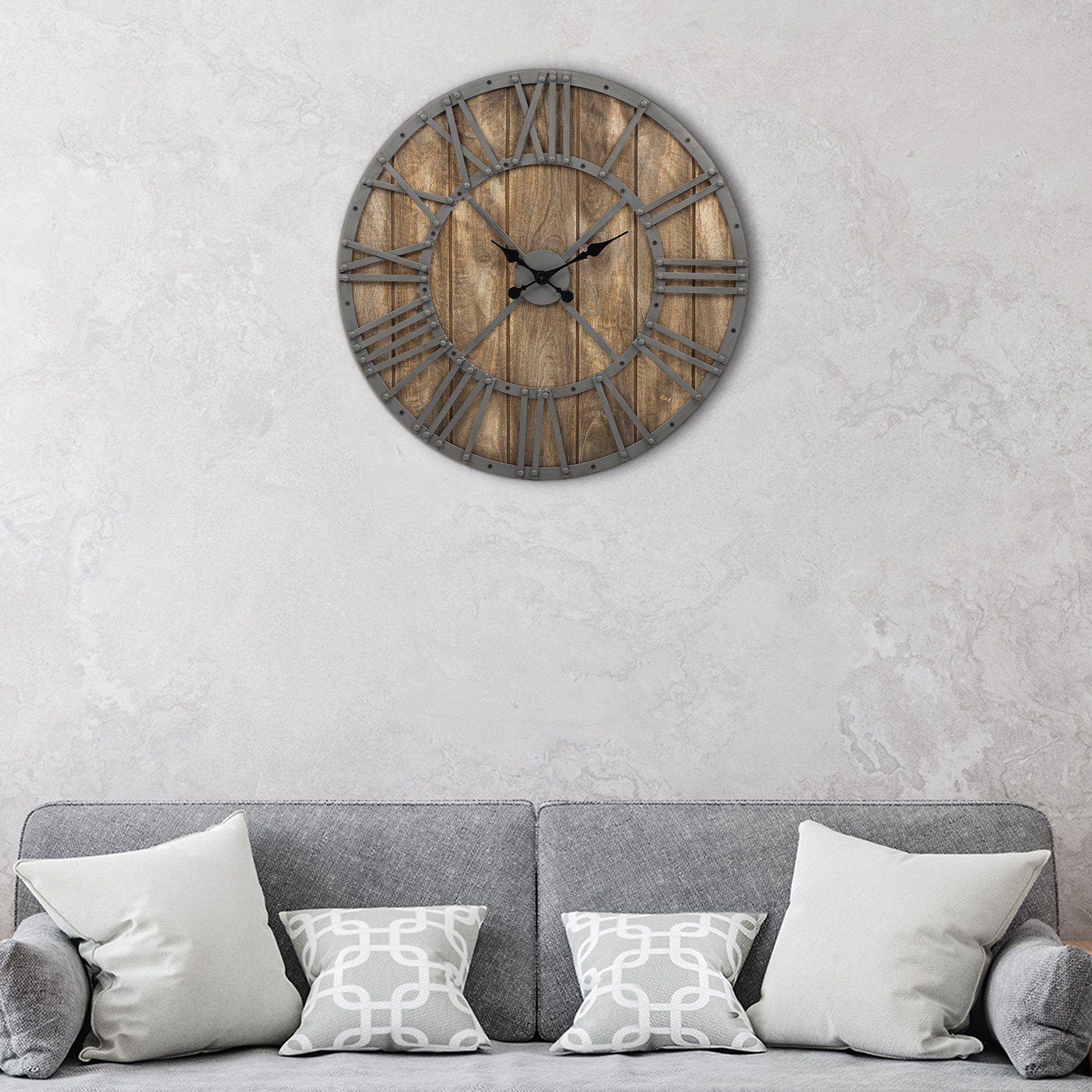 WOMO-DESIGN Wanduhr Windhelm Designuhr Dekouhr Dekorative Uhr Design Uhr (Grau-Natur Ø76cm rund Unikat Eisen Mangoholz im Vintage-Stil)