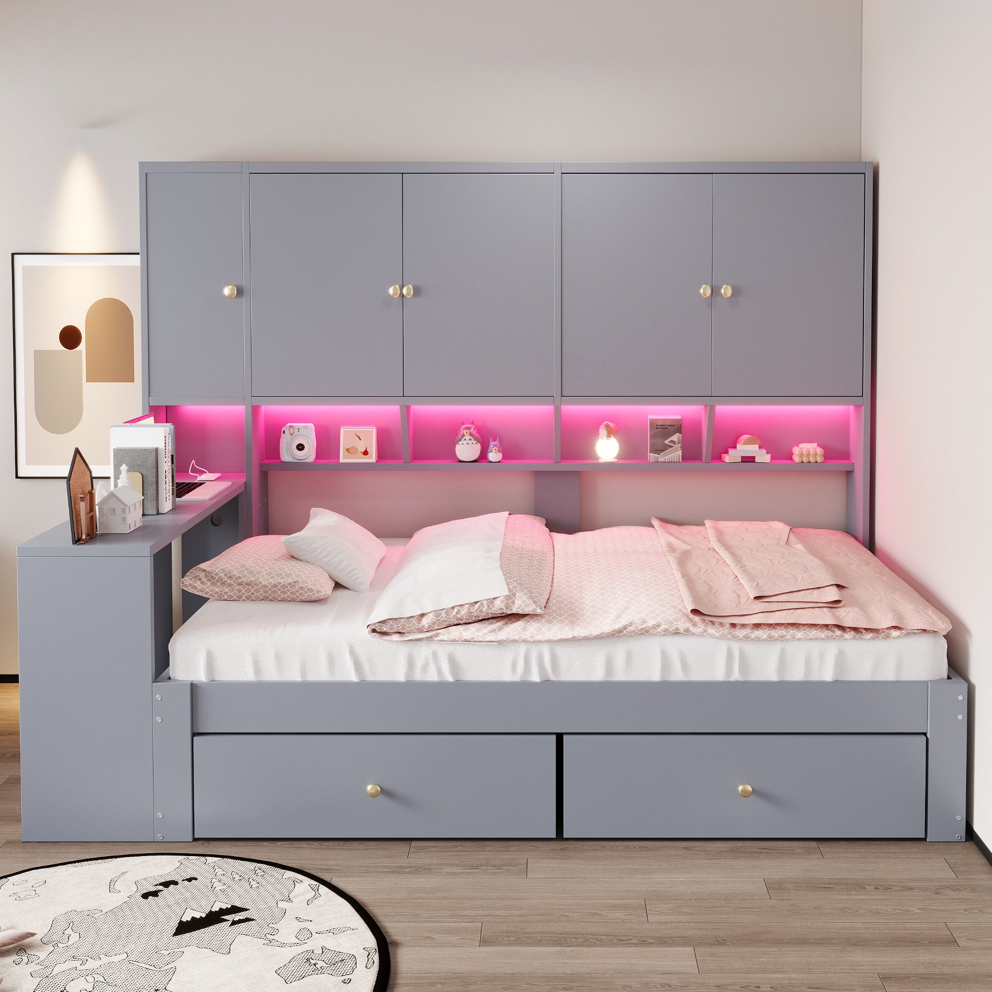 Flieks Holzbett, Stauraumbett 90x200cm mit Schreibtisch, 2 Schubladen, LED & Aufladen