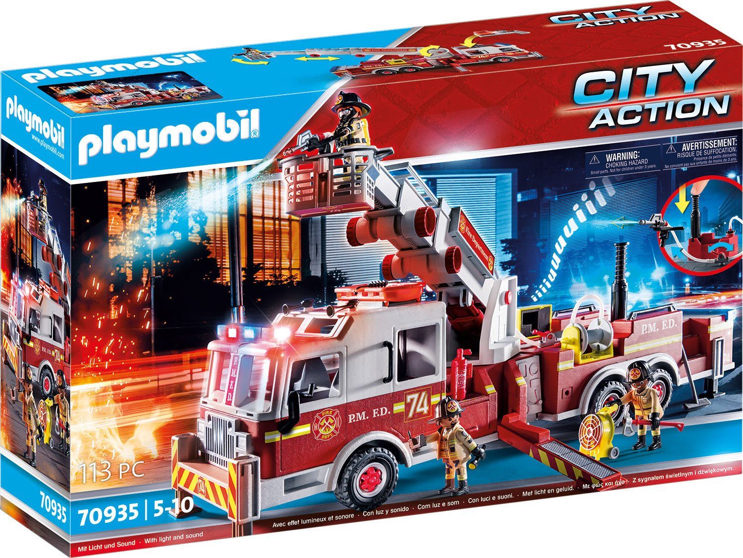 Playmobil® Konstruktions-Spielset Feuerwehr-Fahrzeug: City in St), Germany mit (70935), und Soundeffekten, US Ladder Licht- Made (113 Action, Tower