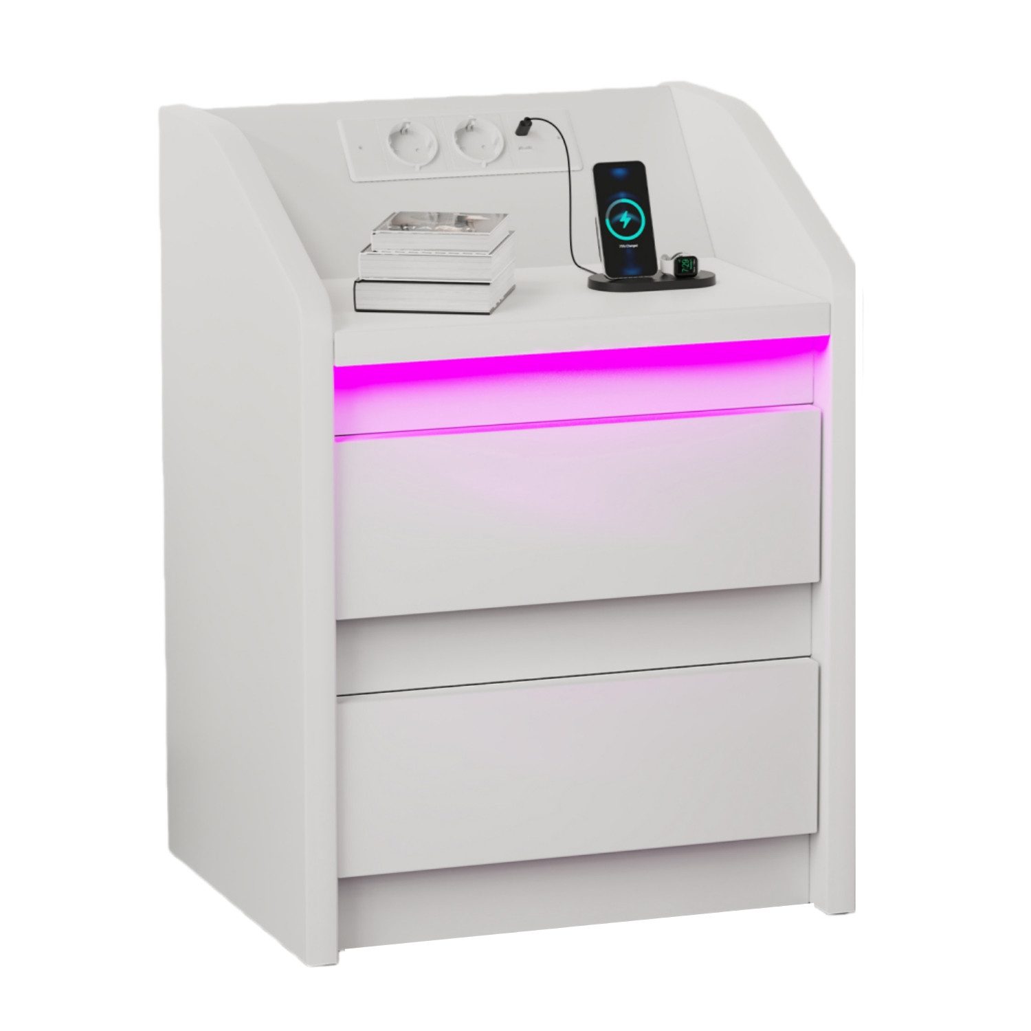 oyajia Nachttisch mit LED-Licht - Beistelltisch und Ladestation (LED-Beleuchtung-Steuerbar per Fernbedienung oder App), mit 2 AC, 1 USB & 1 Type-C Anschlüsse