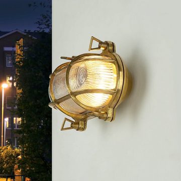 Licht-Erlebnisse Außen-Wandleuchte SKIATHOS, ohne Leuchtmittel, Wandleuchte Messing Riffelglas Outdoor Bootslampe Lampe