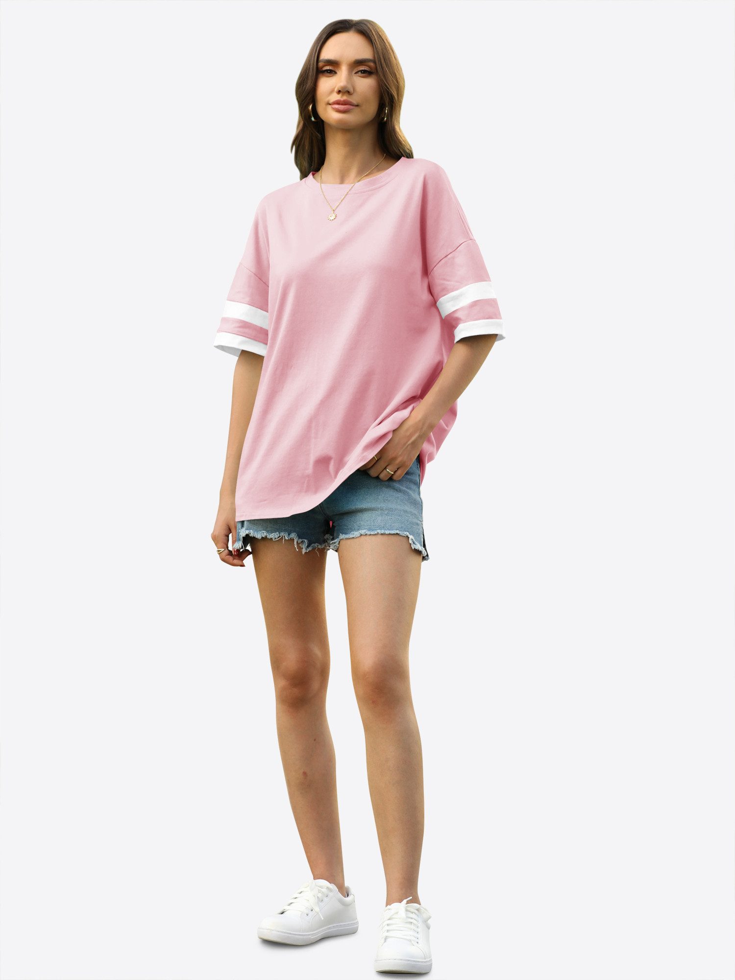 Imily Bela Kurzarmshirt Oversized T-Shirt Rundhalsausschnitt Loose Lässig (Packung, 1-tlg., 1per-Pack) mit Kontraststreifen an den Ärmeln – Bild 3 von 5