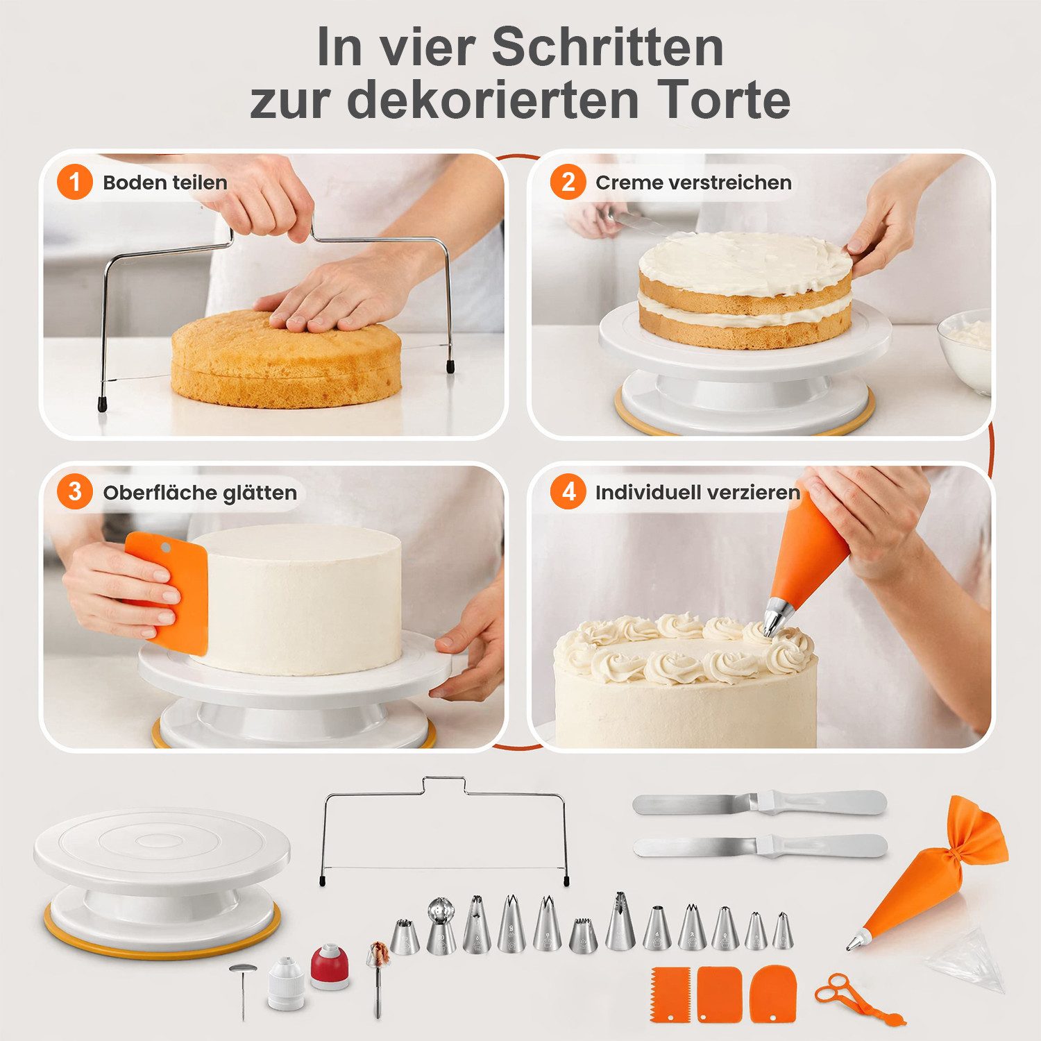 AIMAX Spritzbeutel Torten Zubehör Set 61-teiliges Tortenwerkzeug DIY Backset Backzubehör (Tortenplatte Drehbar, Spritzbeutel mit Tüllen, Edelstahl Spritztüllen, – Bild 4 von 5