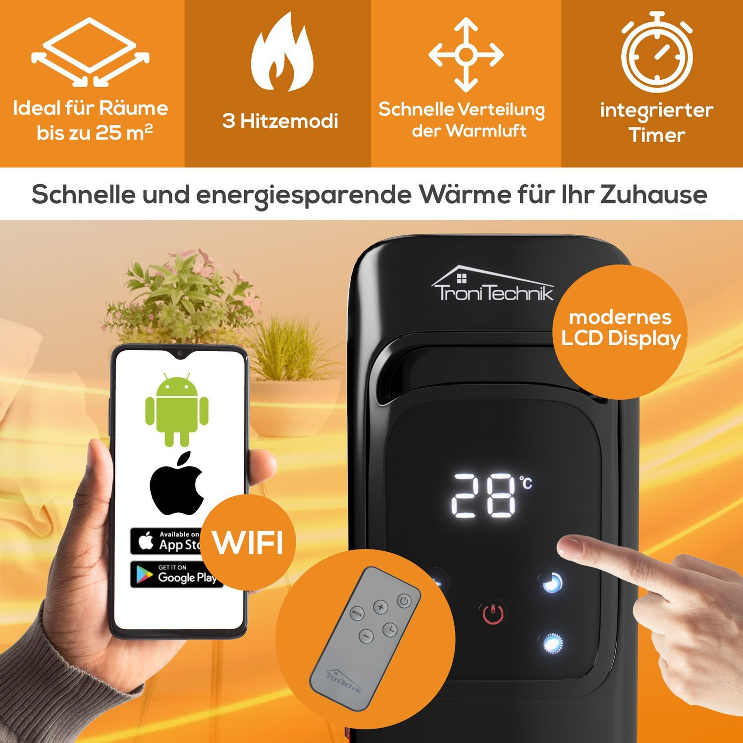 TroniTechnik Heizgerät Ölradiator in schwarz, mobile Elektroheizung 11 Rippen, 2500Watt, 2500 W, energiesparend, Elektroheizung, 2500 Watt, 3 Stufen