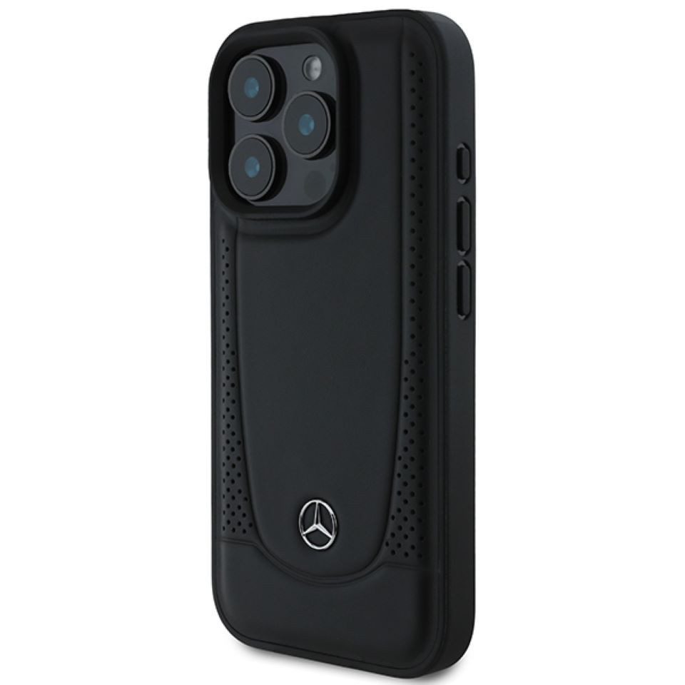 Mercedes Benz Handyhülle iPhone 16 Pro Echtleder schwarz Logo Metall 6,3 Zoll, Kantenschutz