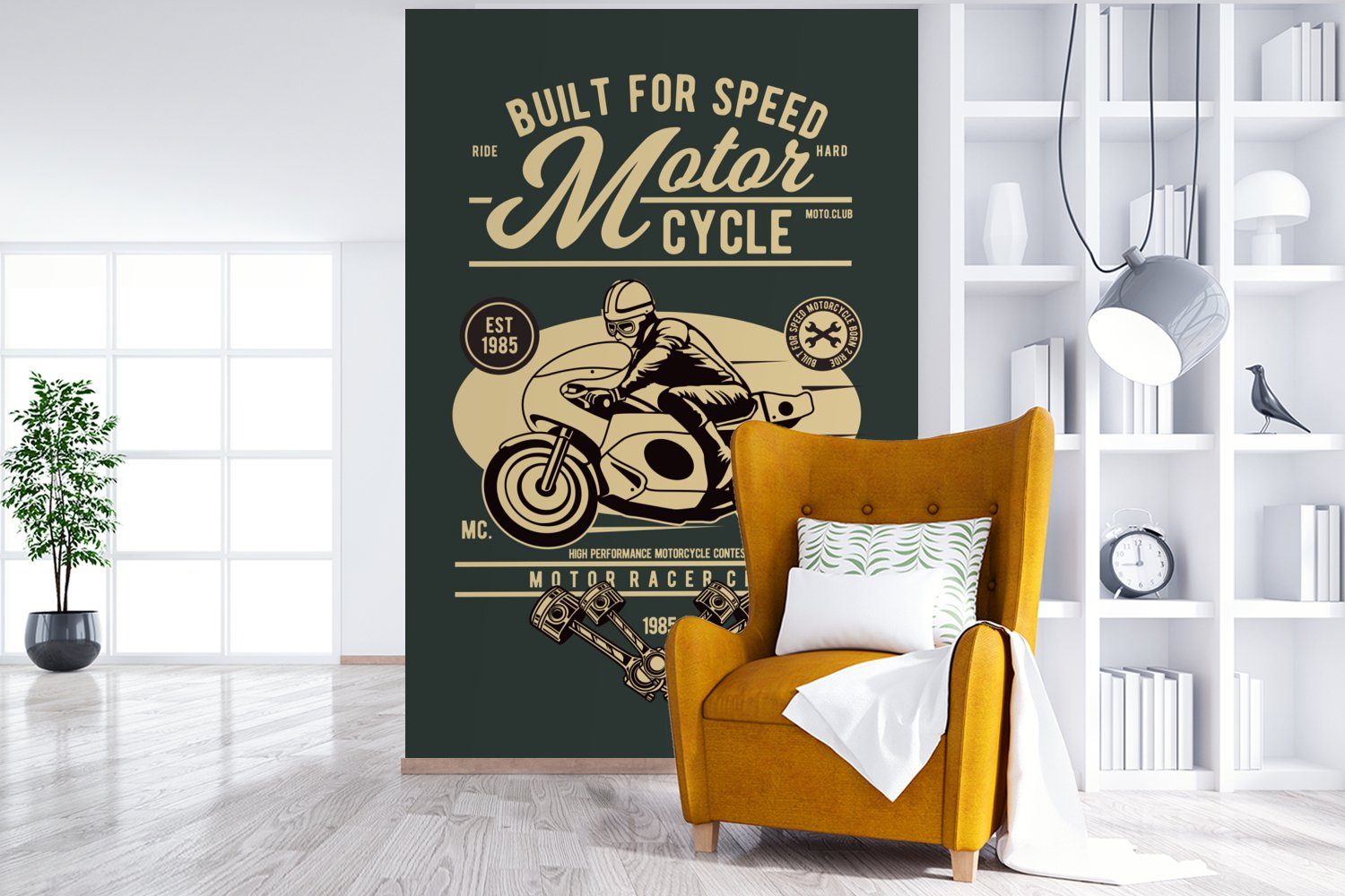 MuchoWow Motorrad Vintage, St), Wandtapete Fototapete Tapete Montagefertig - bedruckt, Mancave für Wohnzimmer, (3 Matt, Rennen - - Vinyl