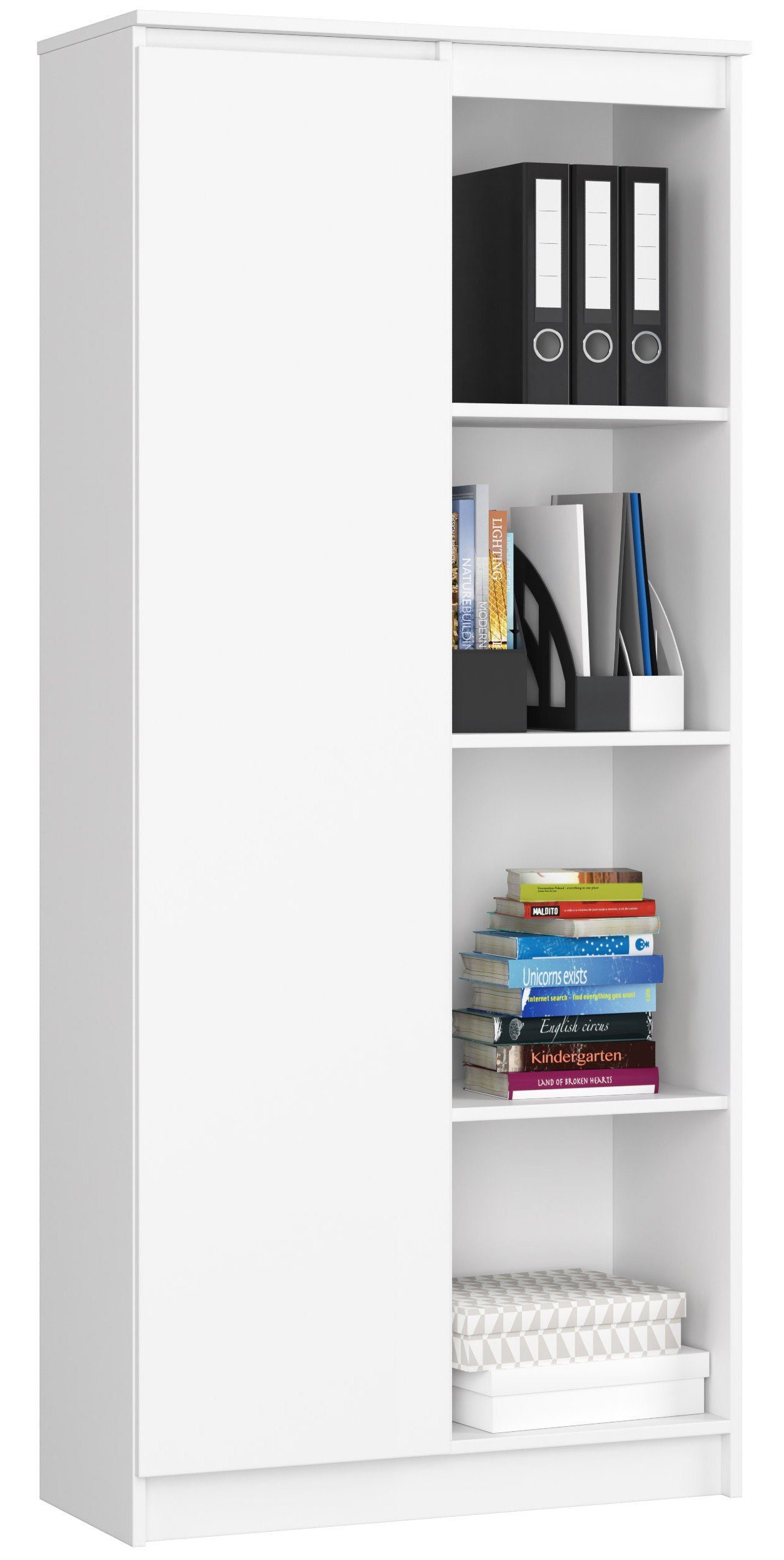 Home Collective Bücherregal Schrank Büroregal weiß 80cm breit 180cm hoch,  mit Tür und 4 Fächern