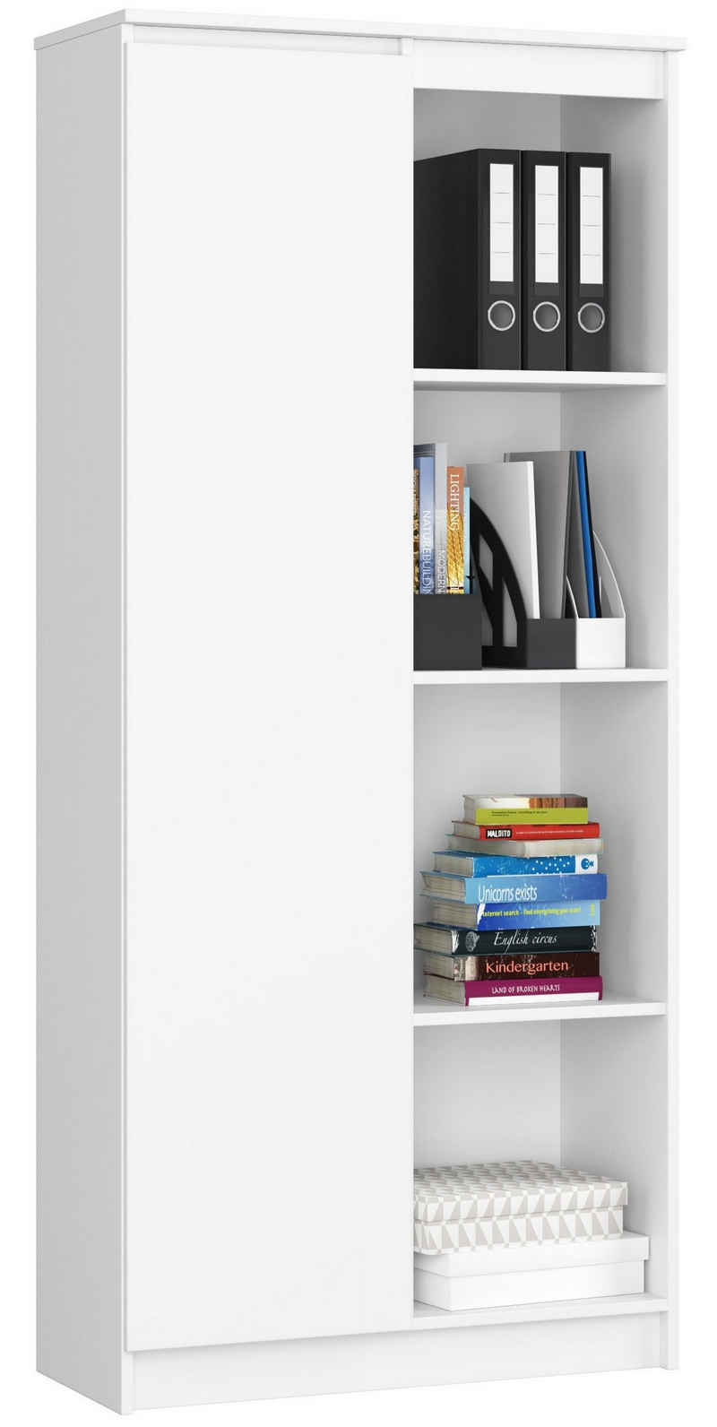 Home Collective Bücherregal Schrank Büroregal weiß 80cm breit 180cm hoch, mit Tür und 4 Fächern