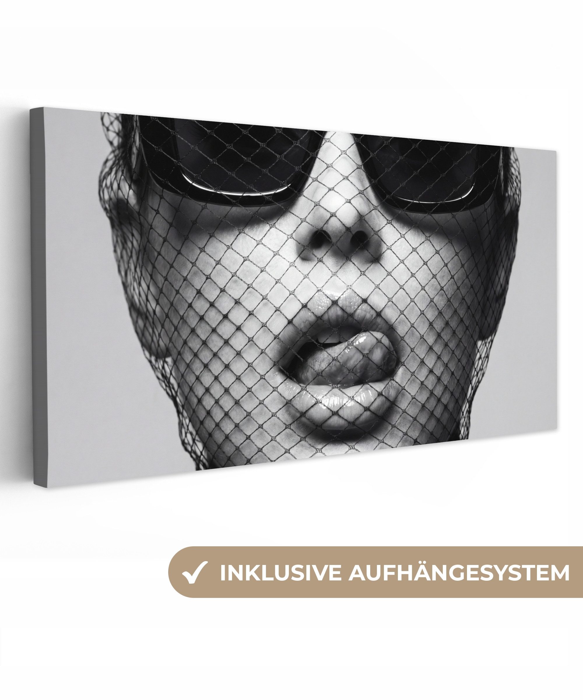OneMillionCanvasses® Leinwandbild Panorama Frau - Netz - Mysteriös - Schwarz - Weiß, Fotodruck (1 St), Leinwand Bilder für Wohnzimmer Schlafzimmer 60x30 cm